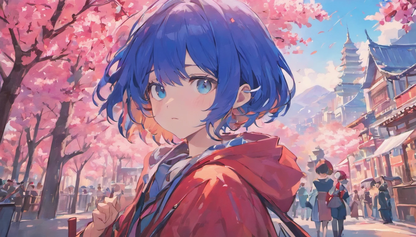 Charming, elegant, virtual YouTuber, navy hair, blue eyes, cartoon picture of a boy, illustration, foreground, Japanese buildings, mountains, light turquoise, dark pink, vibrant, eye-catching, traditional animation, dynamic movement, cherry blossoms, swaying trees, layered image, travel, adventure, immersive, vintage charm, classic Japanese artwork, modern aesthetic, virtual personality.