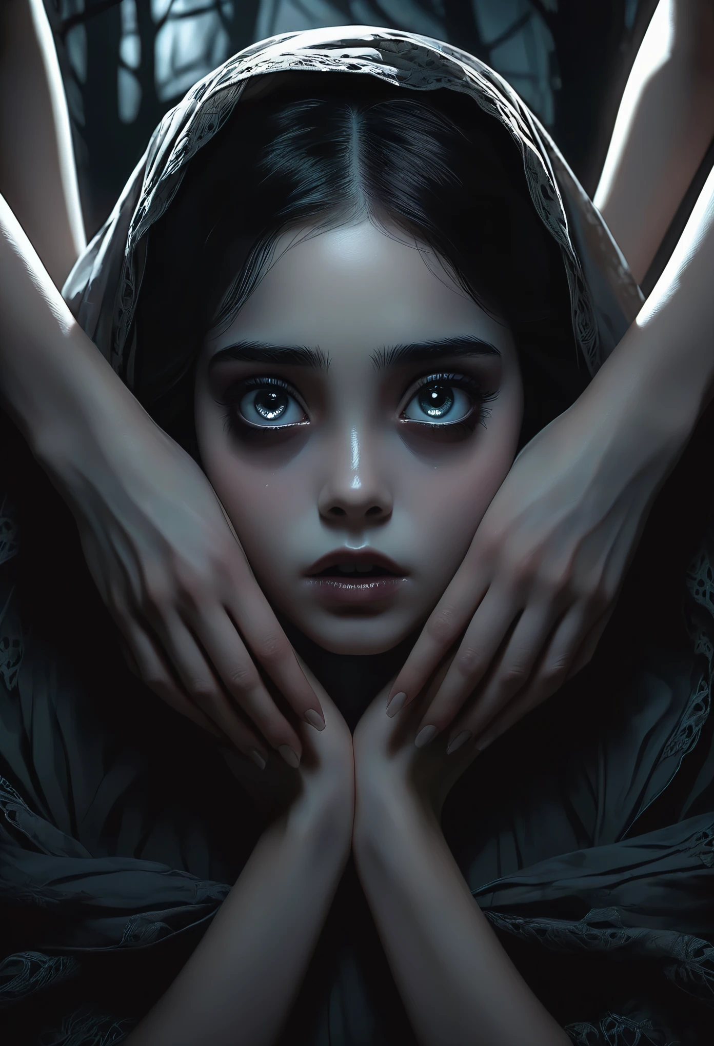 (best quality,4k,8k,highres,masterpiece:1.2),ultra-detailed,(realistic,photorealistic,photo-realistic:1.37),dark,ominous,horror,concept artists,creepy,folding hands,grim hands,many hands:2,terrifying fantasy background,female character,from behind perspective,detailed face,beautiful detailed eyes,beautiful detailed lips,extremely detailed eyes and face,long eyelashes,girl,spooky lighting,surreal atmosphere,folded hands,mysterious ambiance,hauntingly dark,dark shadows,captivating intensity,nightmarish,unsettling presence,suspenseful,petrifying,dark aura,dreadful,grim,ominous vibe,frightening fantasy setting,nightmare fuel