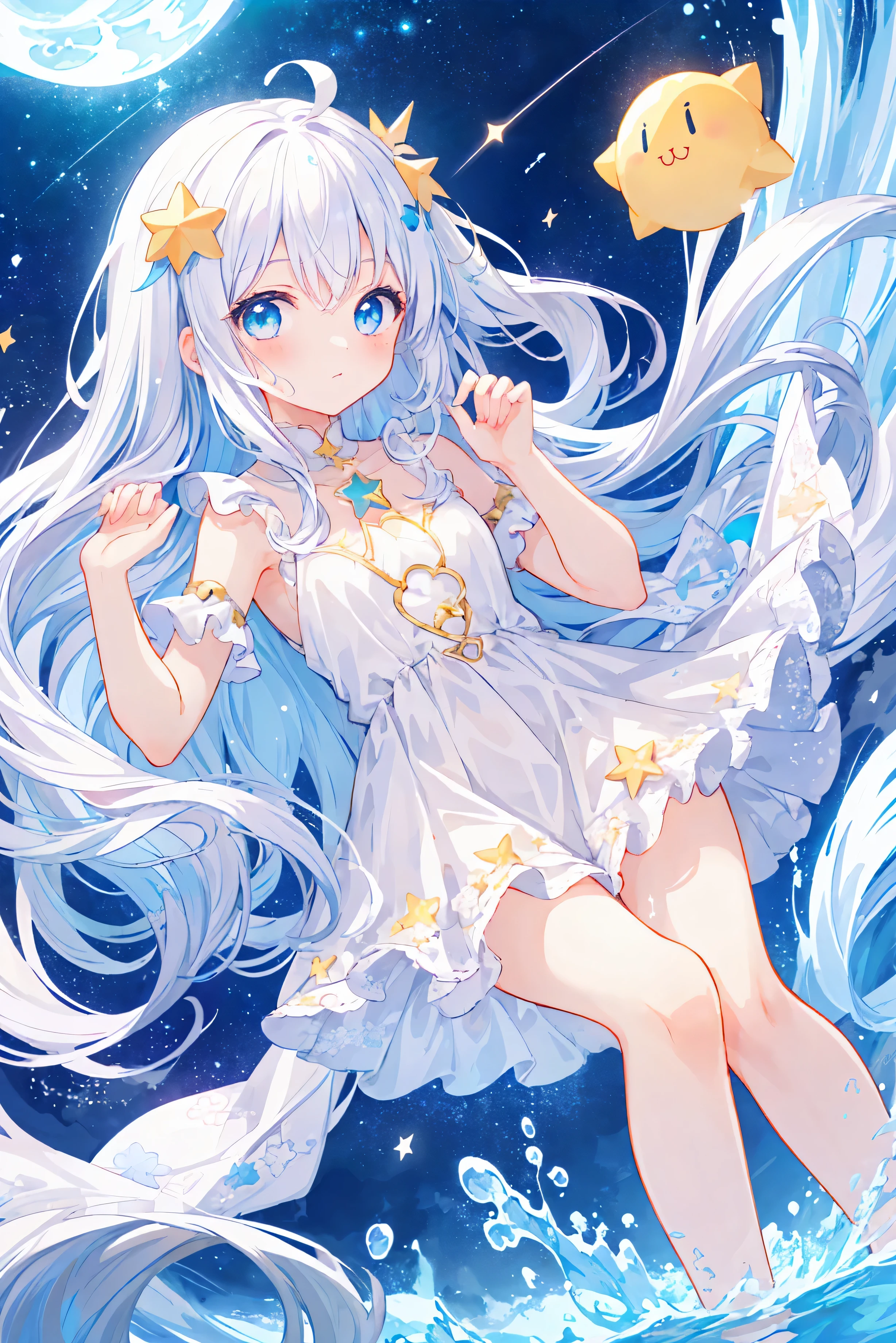 anime girl with long white hair and a star in her hair, white haired deity, anime girl with cosmic hair, star(sky) starry_sky, anime visual of a cute girl, splash art anime , white glowing aura, girl with white hair, ethereal anime, akasuki voidstar, celestial aura, nightcore, mikudayo