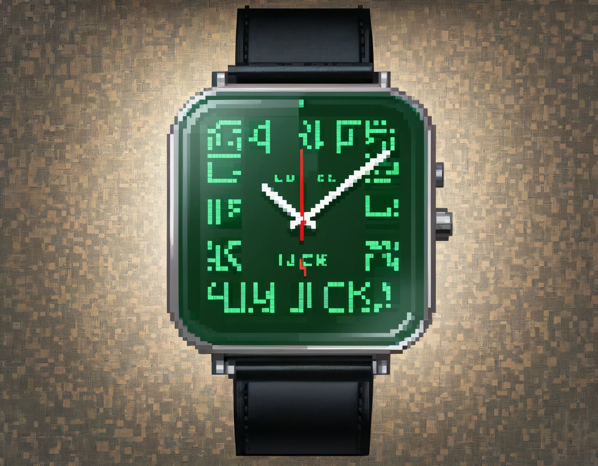 (Best Quality, High Definition, Ultra Fine), (Pixel glass electronic clock with the word "Good Luck"). The pixel art font on the watch is reminiscent of old school video games, limiting the number of characters in an 8x8 pixel grid where each character is equal in width. The pixel points of the letters are bordered or shaded to create a natural sense of spacing and depth. The letter "Good Luck" is transparent, allowing the background to show through. The letters are in red and green to represent "good luck".background:green