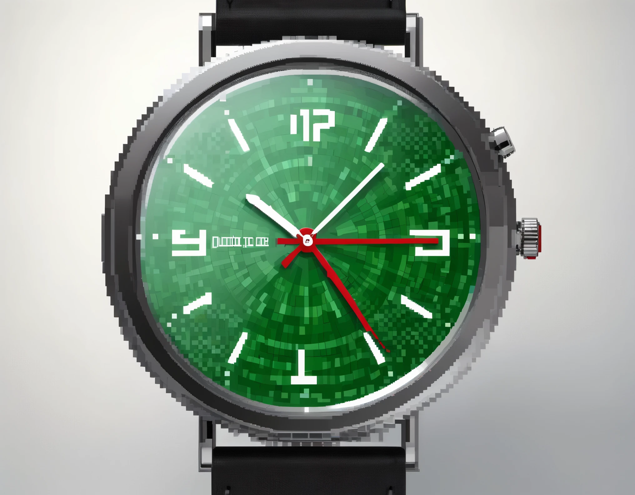 (Best Quality, High Definition, Ultra Fine), （Pixel glass electronic clock with the word "Good Luck"）. The pixel art font on the watch is reminiscent of old school video games, limiting the number of characters in an 8x8 pixel grid where each character is equal in width. The pixel points of the letters are bordered or shaded to create a natural sense of spacing and depth. The letter "Good Luck" is transparent, allowing the background to show through. The letters are in red and green to represent "good luck".background：green