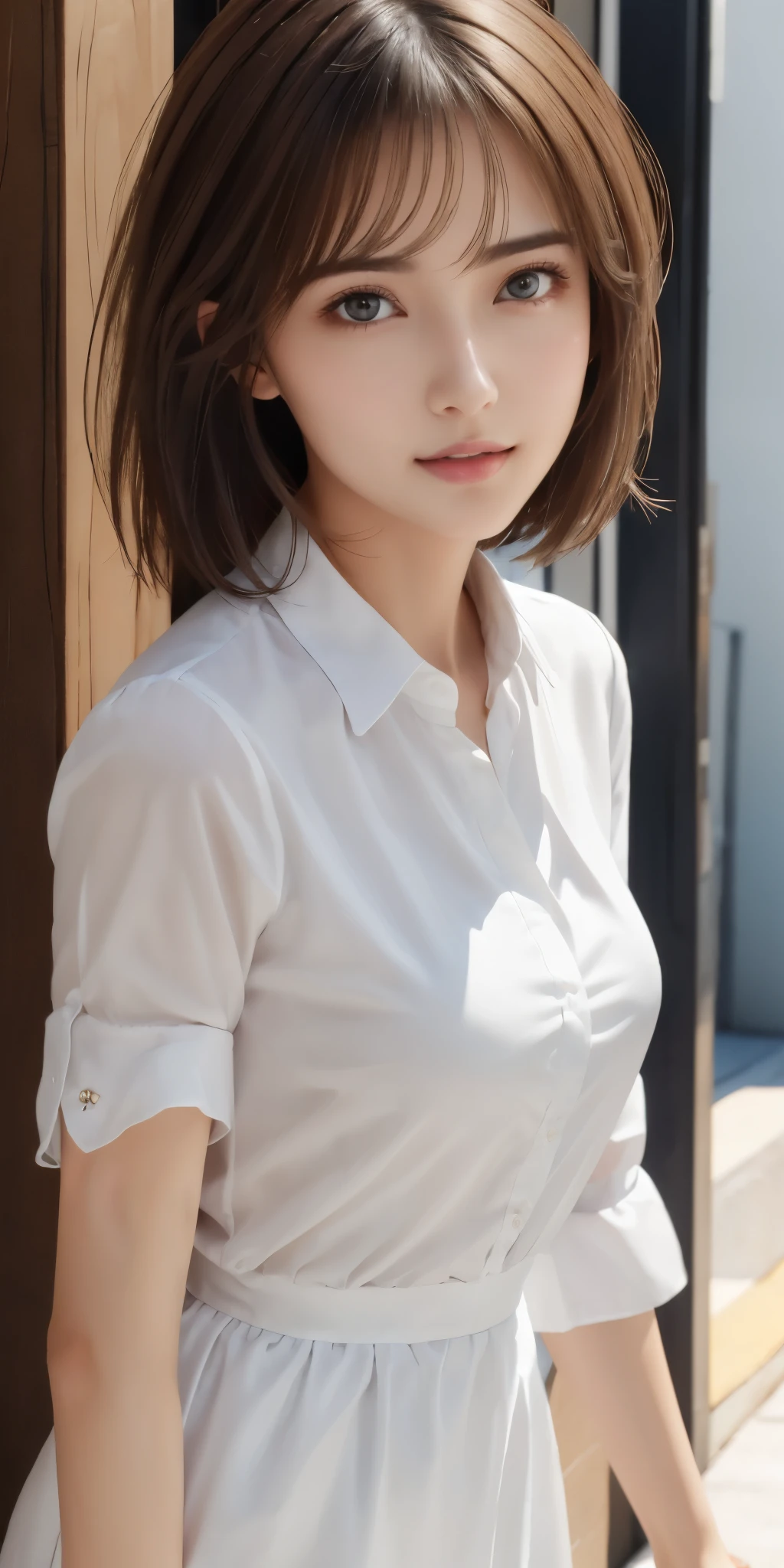 NSFW、16k、Photoreal、highest quality、masterpiece、ultra high resolution、RAW photo、realistic、bright lighting、face light、smooth professional lighting、looking at camera、alone、adult woman、Beautiful woman、super beautiful、realistic skin texture、radiant glowing skin、moist skin、Realistic eye and face details、perfect style、model body shape、beautiful eyes、Big eyes、black eye、Inconspicuous tear bags、slim、medium big breasts、No bra、camel toe、short hair、Dark brunette hair、seems to be happy、cowboy shot、(((white dress shirt)))、(((white Y-shirt)))、(((white collared shirt)))