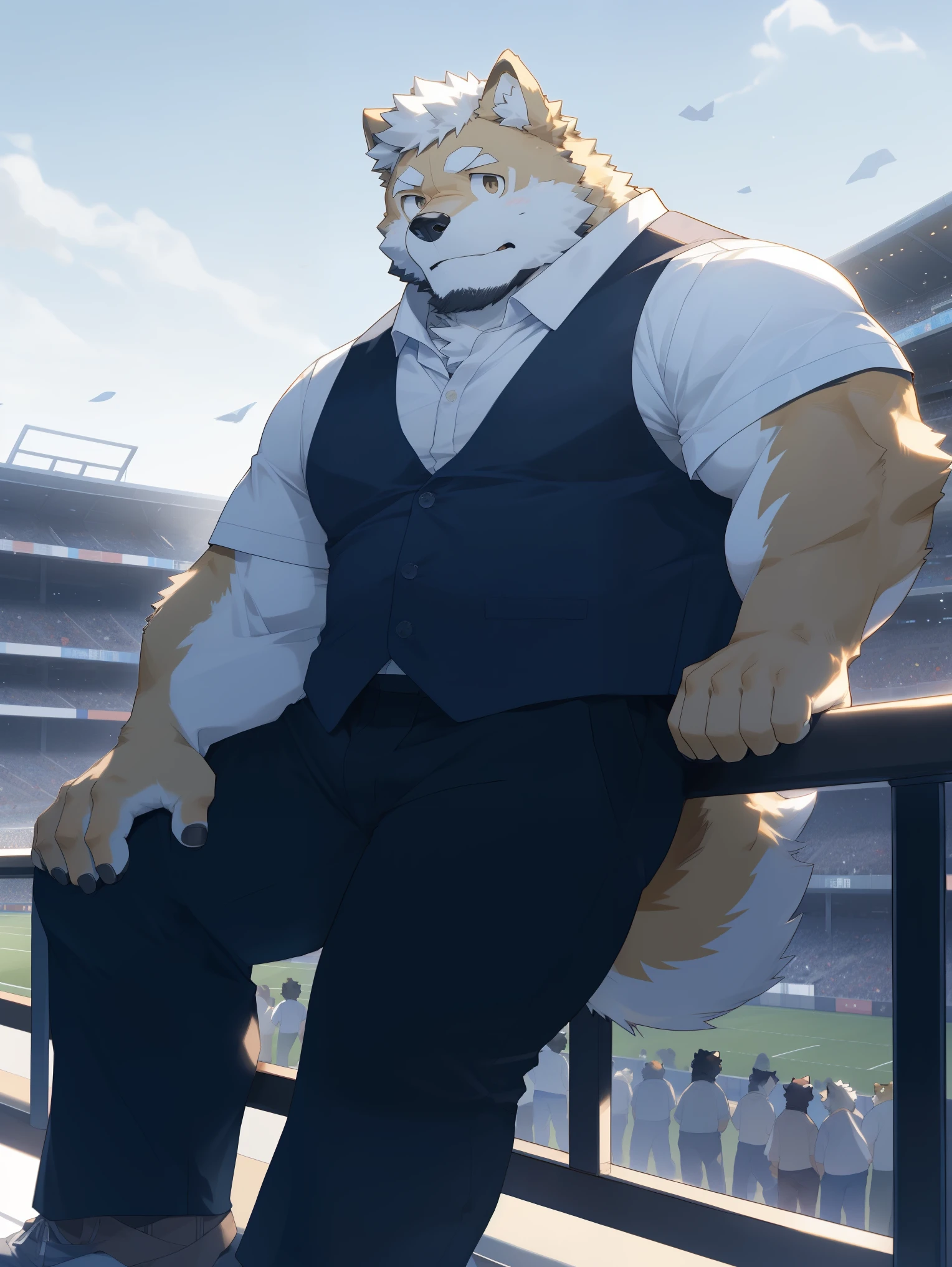 hairy，（Akita dog，white fur，light fur，light fur，young）stadium，rooftop，Light，cute expression，Secondary sexual characteristics are obvious，tonic，Wide body，Just leaning on the railing，极其lifelike阴影，masterpiece，Very detailed，lifelike
