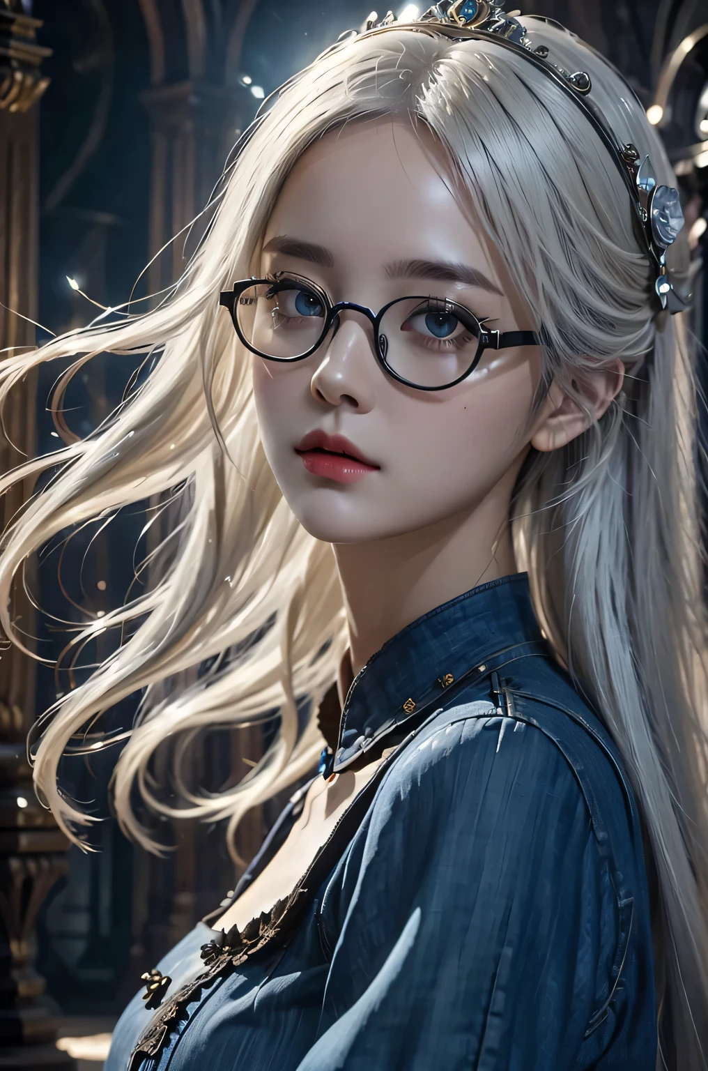 ulzang-6500-v1.1, (RAW photo:1.2), (Photorealistic:1.4), Beautiful detailed girl, Very detailed eyes and face, Beautiful detailed eyes, ridiculous, Incredibly Ridiculous res, hugefilesize, Super detailed, high resolution, Very detailed, Best quality, Masterpiece, ((fashion clothing with diverse colors)), illustration, Very detailed, CG, unified, 8K wallpaper, Amazing, finedetail, Masterpiece ,Best quality, Very detailed CG uniform 8k wallpaper, light in face, Movie lighting, 1girll, 16 years old, Long white hair, side splits, (Big breasts), ()), (Glasses), ((Dynamic pose))), ((Sexy pose))), (camel-toe), (Half), (Pantyhose)), ((Black hip skirt))