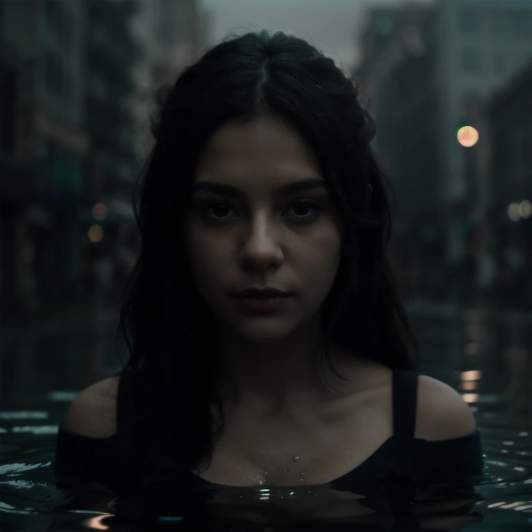 A woman who is in the city, depth of field, reflection light, partially underwater shot, atmospheric perspective, cinematic lighting, masterpiece, best quality, retina, UHD, textured skin