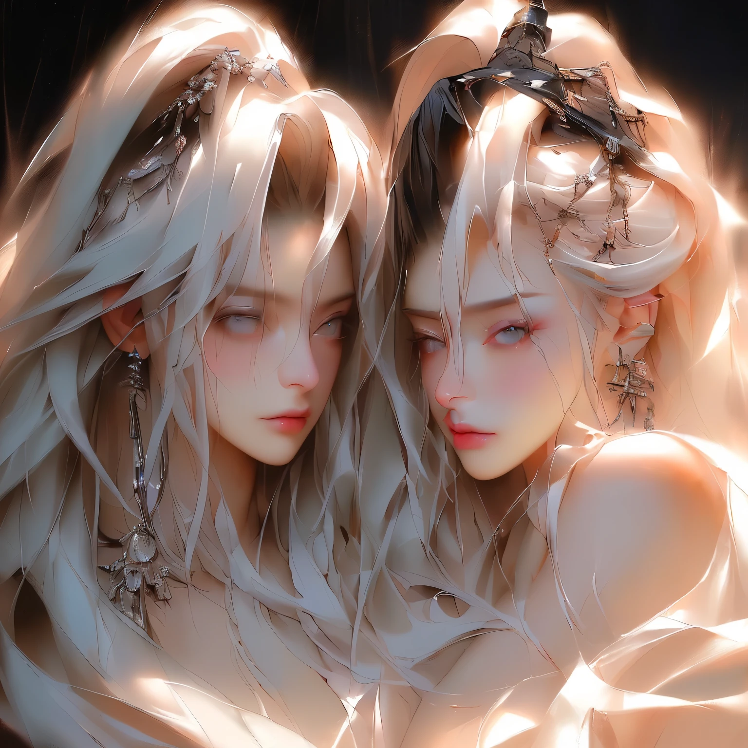 1girl, long white hair, small breasts, detailed face, beautiful detailed eyes, beautiful detailed lips, extremely detailed face, delicate facial features, porcelain skin, elegant pose, serene expression, fantasy, dreamlike, ethereal, chiaroscuro lighting, cinematic, moody, dramatic shadows, vibrant colors, (best quality,4k,8k,highres,masterpiece:1.2),ultra-detailed,(realistic,photorealistic,photo-realistic:1.37)