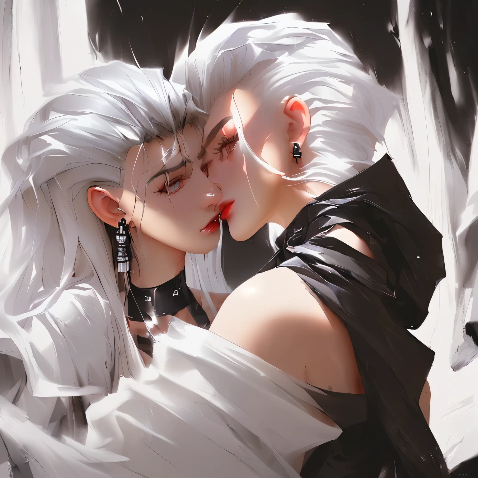 a 20 year old woman (High top fade in and out:1.3), dark theme, Lucy_cyberpunk, 1 cute girl, White off-the-shoulder jacket, black jumpsuit, bare shoulders, white shorts, white short hair, Bangs, red eyeliner, Hip vents, looking at the audience, Upper body,fantasy, high contrast, 