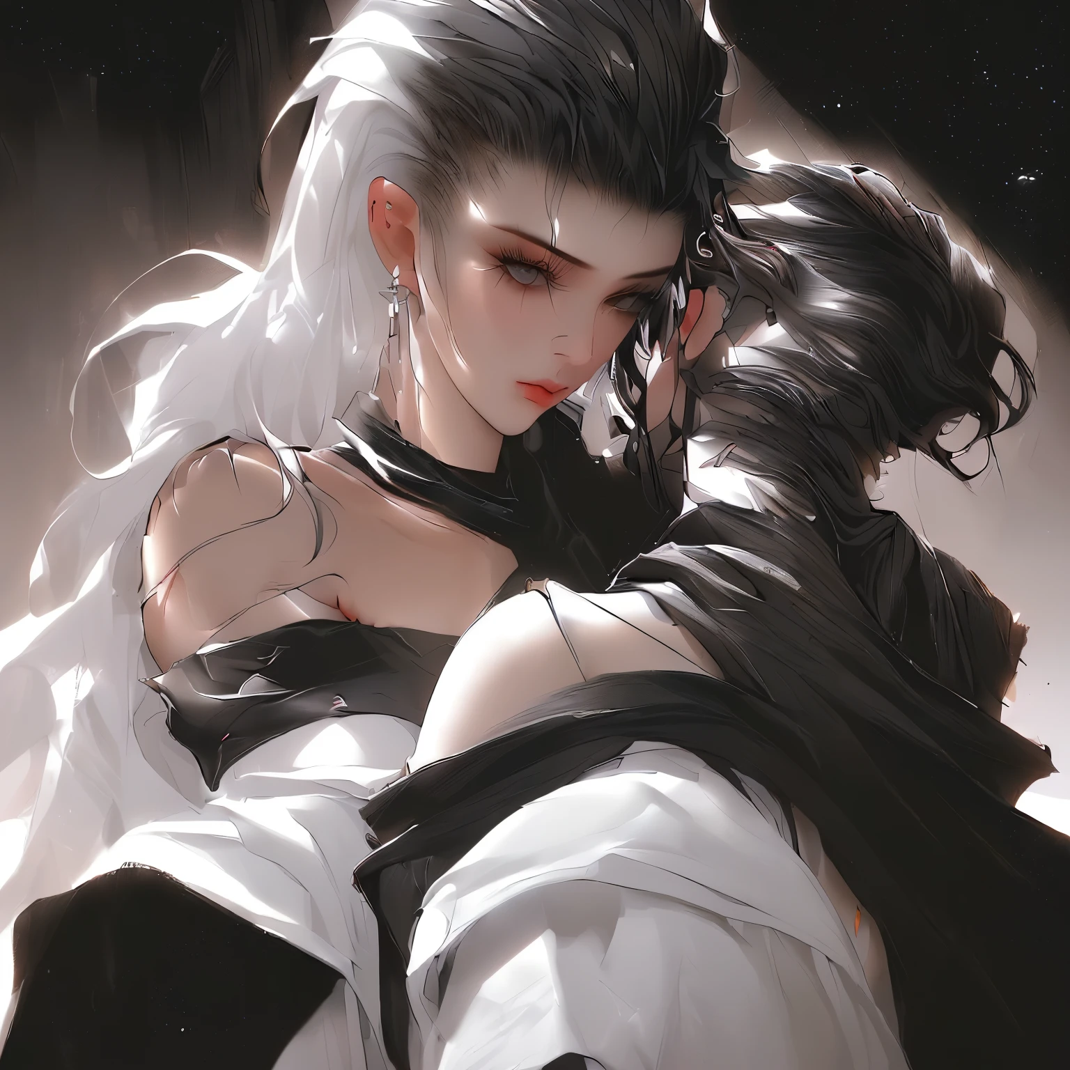 a 20 year old woman (High top fade in and out:1.3), dark theme, Lucy_cyberpunk, 1 cute girl, White off-the-shoulder jacket, black jumpsuit, bare shoulders, white shorts, white short hair, Bangs, red eyeliner, Hip vents, looking at the audience, Upper body,fantasy, high contrast,