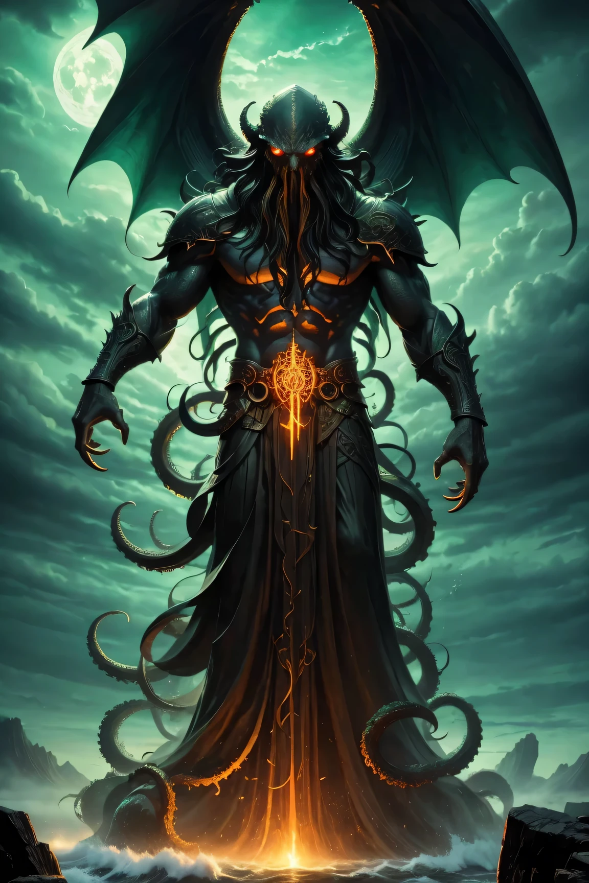 (best quality,4K,8K,High resolution,masterpiece:1.2),super detailed,(actual,photoactual,photo-actual:1.37),mystery克苏鲁使者,ominous dark atmosphere,The awakened ancient god,detailed tentacles,eyes of cosmic Fear,memorial statue,bright colors,,terrible existence,strong and muscular,Under the moonlight,ominous shadow,Beautiful ancient runes,Silhouette of huge wings,dark magic,portrait,Fear,otherworldly,mystery,Gothic,sublime imagery