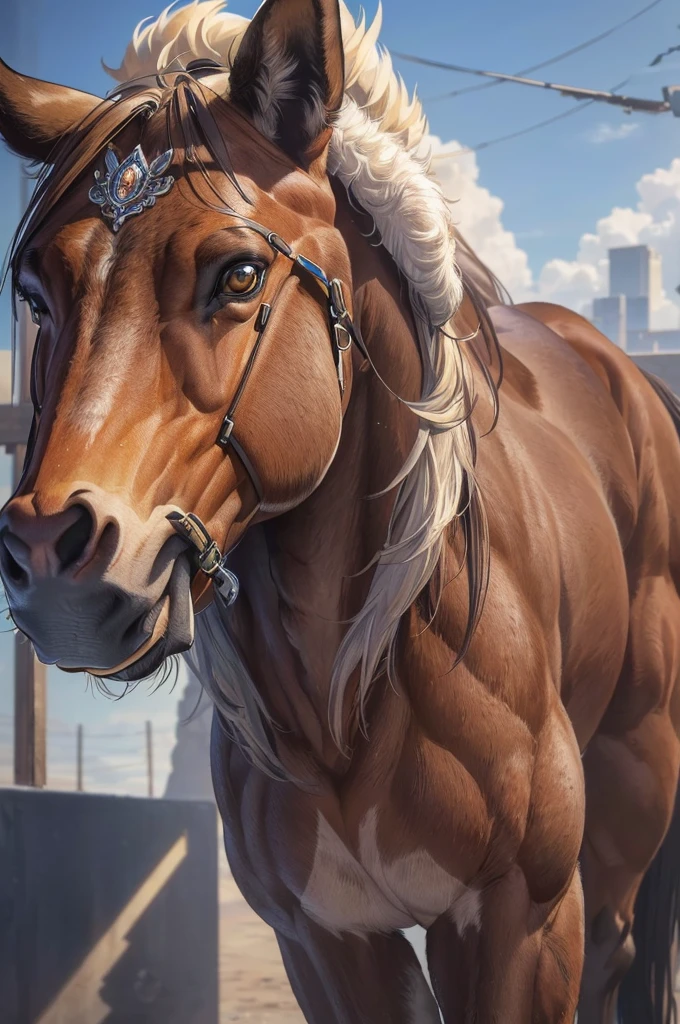 ((extremely detailed)), anthro furry (horse), ((((solo, male, )))), ((bodybuilder, veiny muscles)), ((((realistic fur)))), (((outside background, photorealistic))),