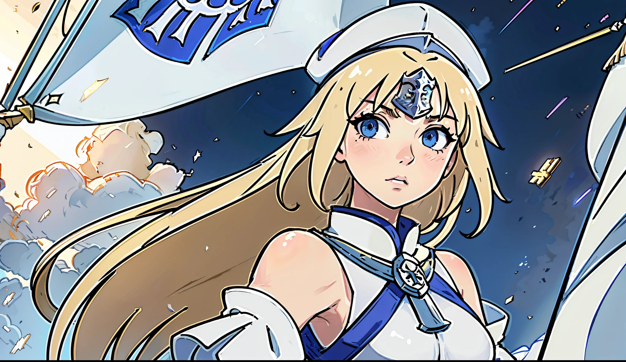 highest quality, masterpiece,very detailed,anime,1 girl,mature woman,Upper body,(Jeanne d'Arc),perfect face,blonde,long hair,(bare shoulders),armored dress,(plaque art),white clothes,breasts covered by white clothes,(hat),Lock,flag,background battlefield,Depth of the bounds written,looking at the viewer,cinematic lighting,