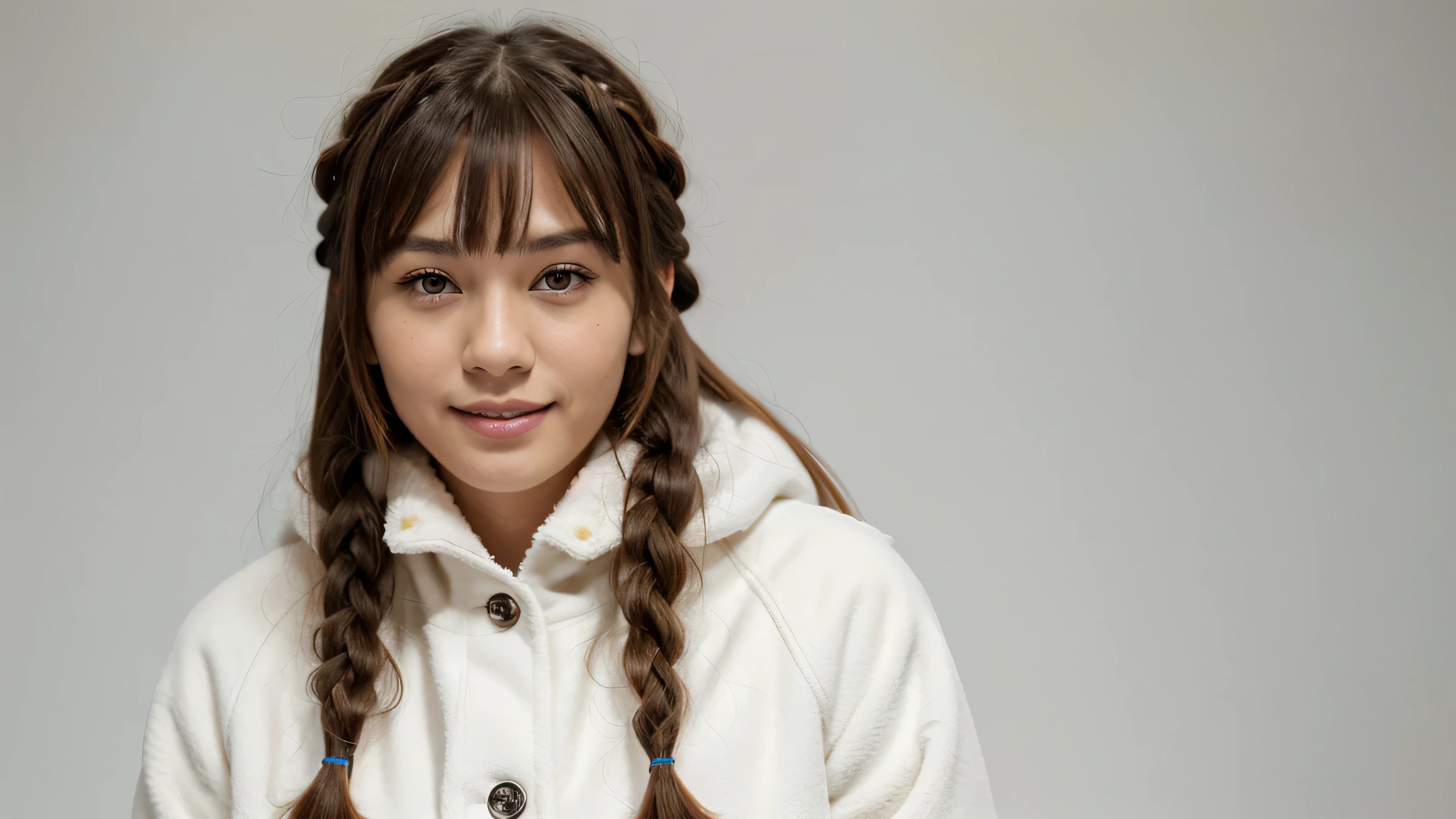 Amana Osaki, 1 girl, have, gloexistes, long hair, alone, White background, fur have, Smile, brown hair, looking at existiewer, yellow eyes, Simple background, fur trim, open mouth, coat, blush, winter clothes, braid, white coat, exist, long sleeexistes, Bangs, swept Bangs, teeth