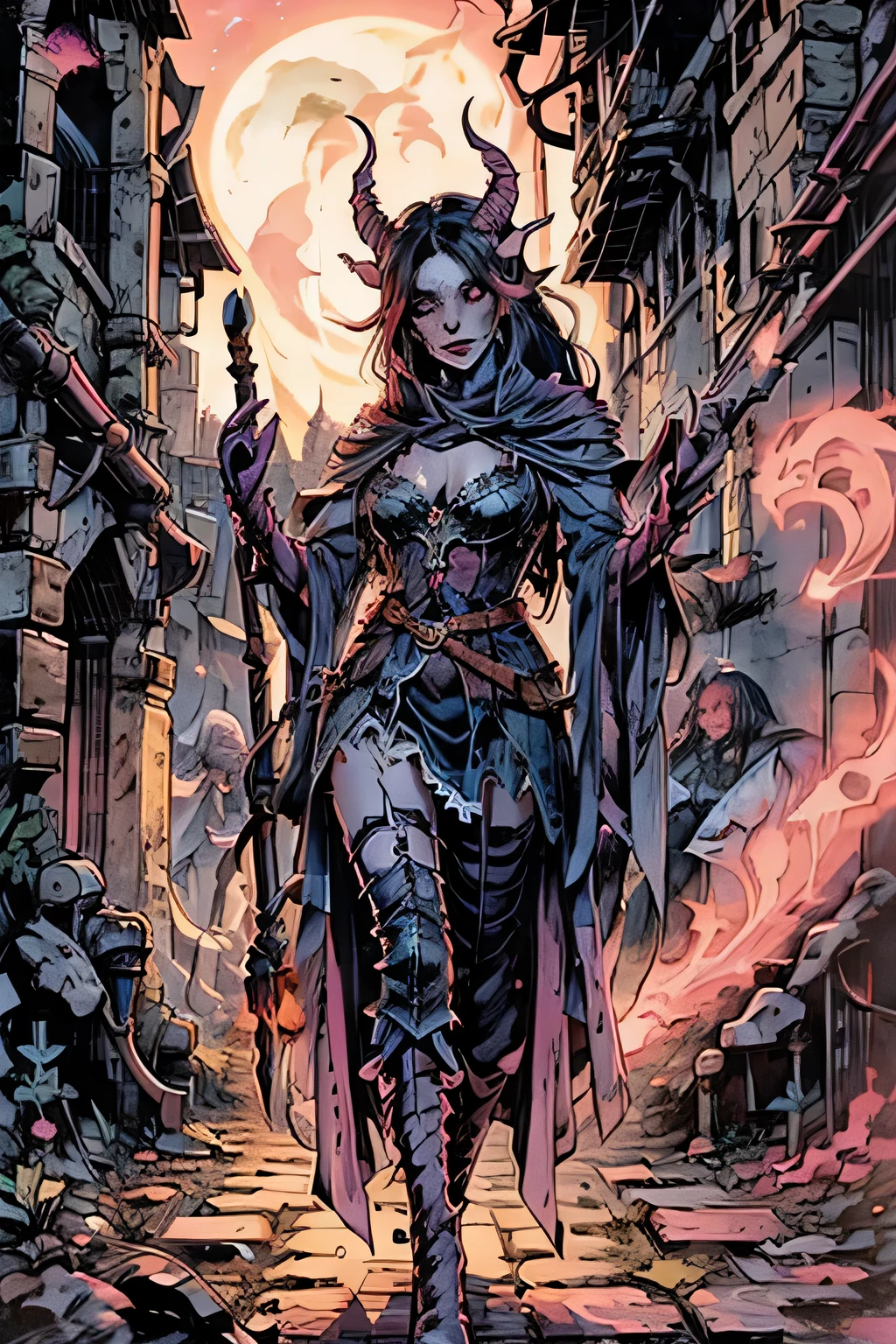 a devilish woman with long black hair, extremely pale skin, and piercing red eyes, wearing an intricate elf-like costume with dark accents, in a dark and mysterious fantasy setting, detailed facial features, realistic, photorealistic, highly detailed, 8k, best quality, cinematic lighting, dramatic shadows, moody atmosphere, dark fantasy, dark magic, supernatural