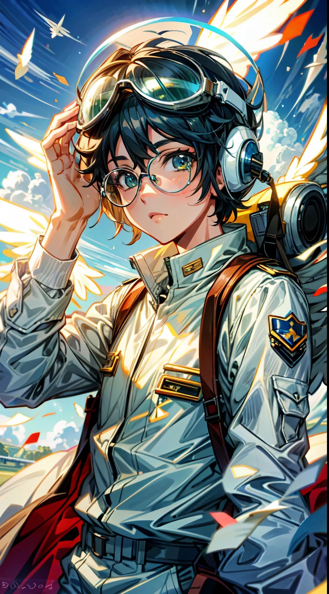 (best quality, 4k, 8k, highres, masterpiece:1.2), ultra-detailed, (anime: 1.2), boy, ((antique white airplane pilot's attire)), ((white pilot's glasses on head):1.5), (glowing halo), ((angelic white wings):1.5), gray background, dynamic action pose, meticulous detailing, realistic portrayal, professional illustration, vibrant colors, vivid lighting, soft and ethereal ambiance, high-resolution masterpiece generated at 4k, portrait, makoto shinkai cyril rolando, atey ghailan 8 k, emotional concept art, guweiz and makoto shinkai, anime art wallpaper 8 k, a beautiful artwork illustration, 4k highly detailed digital art, anime art wallpaper 4k, anime art wallpaper 4 k, 4 k hd