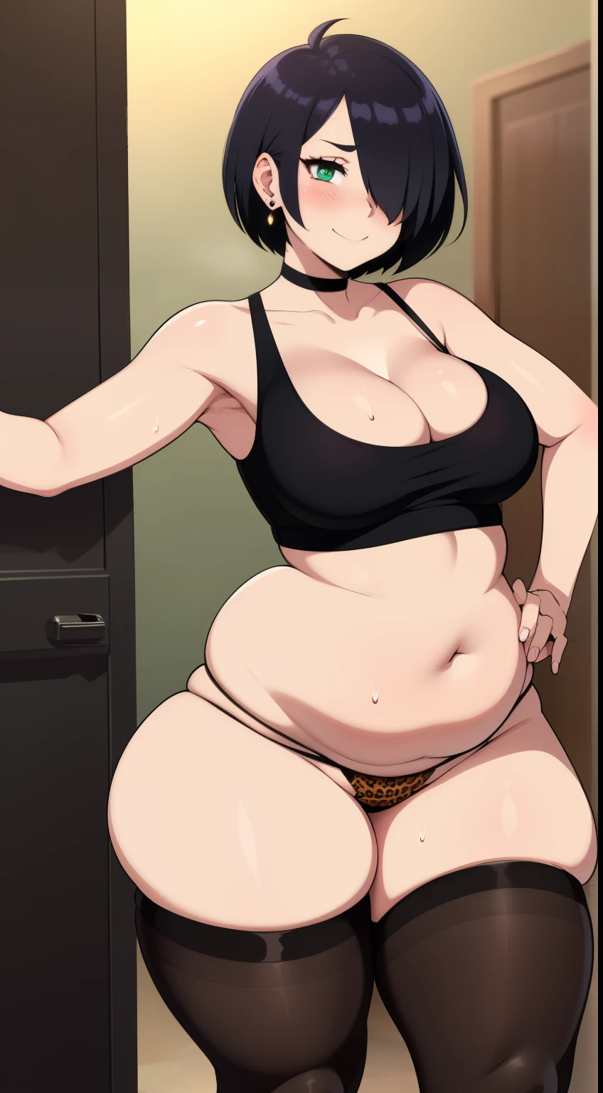 (((kipteitei art))), ((masterpiece)), (((best quality))), ((ultra-detailed)), (((illustration))), (1girl), (sone art)), (in the style of cell shaded), (vivid colors), skindentation, short hair, {black hair}, ((hair over one eye)), (Fluffy hair), messy hair, looking at viewer, green eyes, blush, warm smile, nervous, affectionate, cute, goth girl, sweating,out of breath, ear piercing, choker, ((black crop top)), plaid skirt, (short skirt), thigh highs, black arm warmers, medium breasts, cleavage, (((wide hips))), (((((thick thighs))))), (chubby belly), belly rolls, navel, dynamic pose, simple background, standing, angled facing, facing to the side, mall, stores, in public, showing ass, leopard print thong, big ass