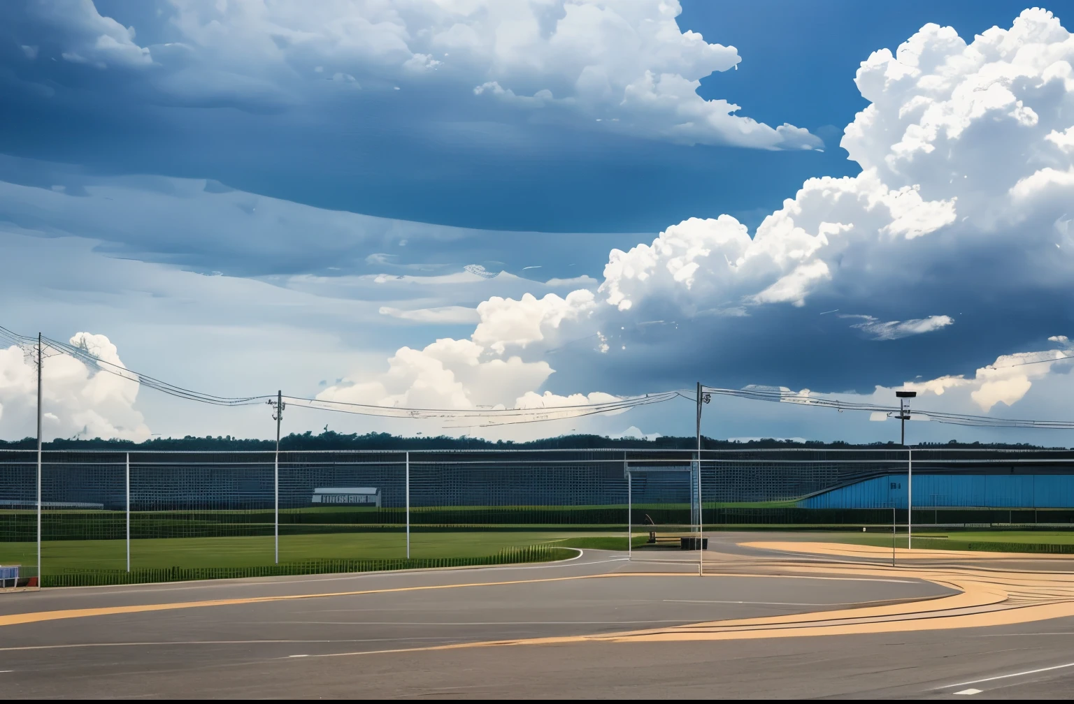 airfield、Close-up of the wire mesh in the foreground、奥にairfield、summer、cumulonimbus、金網越しのairfieldと青い空