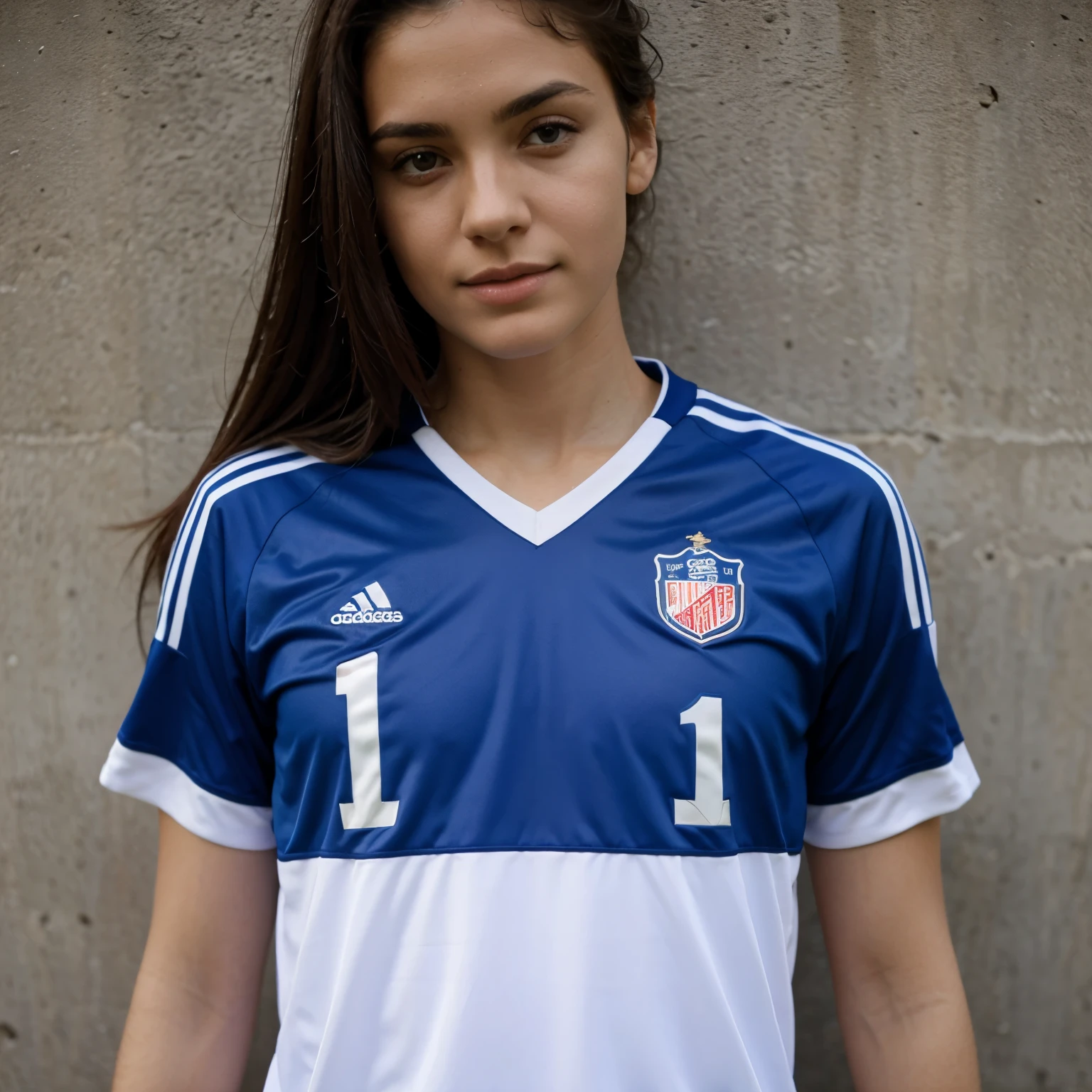 a woman, 25 year old, delicate, sexy, cheveux de longueur moyenne, cheveux bruns, skin details, pores de la peau, éclairé par les flashs des photographes, posing, photoshoot, strong light, soccer wear, soccer jersey number 10, in a locker room
