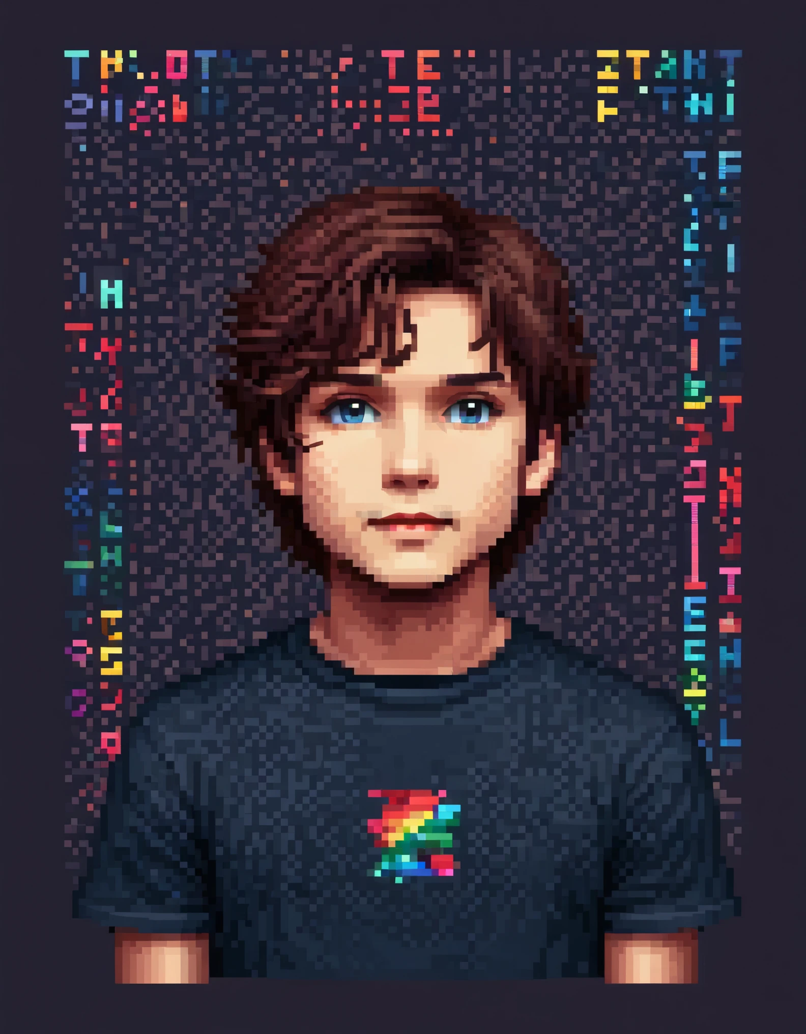 Pixel font，in style of data visualization design , portrait， in style of T-shirt design , 