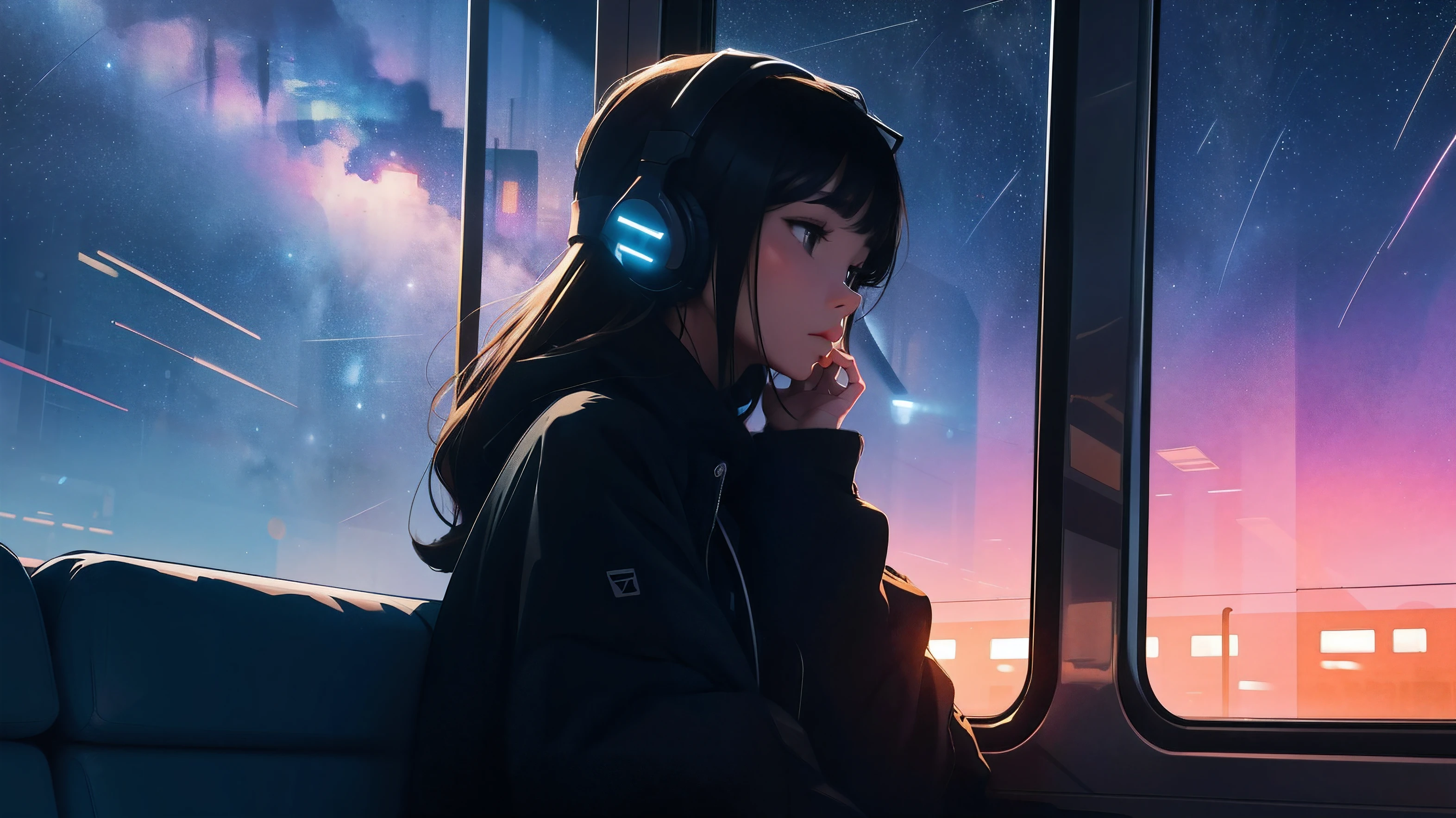 train, sit by the window, adopt a pensive posture, look at the stars, My head got stuck in the glass, put on headphones, Scenery passing by at high speed, night trip, beautiful starry sky, beautiful girl, UHD portrait, (high quality) (Super detailed) Observing viewers wearing hip-hop style street clothes; different, colorful, Long hair in color 🌈