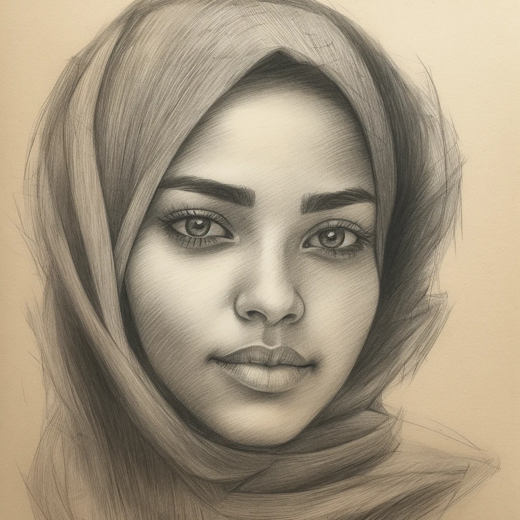 drawing of a woman, realistic sketch, hyperrealistic sketch, detailed pencil sketch, pencil sketch, realistic digital drawing, detailed sketch drawing, highly detailed portrait, detailed 4 k drawing, pencil draw, highly detailed sketch, realistic drawing, extremely detailed portrait, detailed but rough, pencil drawing illustration, realism drawing, detailed sketch, sketch art,((high quality, masterpiece:1.4)), 1girl, ((upper body)), portrait sketch, messy drawing, messy charcoal spots, unfinished sketch, sketchbook charcoal style drawing of a woman, sketchbook drawing, sketchbook, beautiful hair, medium short hair, beautiful face, symmetrical face, symmetrical eyes, ((paper material background)), realistic charcoal lines, imperfect drawing, charcoal crumbs, charcoal lines, imperfections, african american woman wearing an ornated veil, muslim, realistic