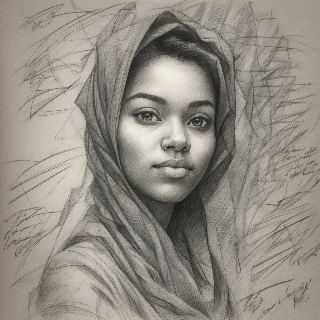 drawing of a woman, realistic sketch, hyperrealistic sketch, detailed pencil sketch, pencil sketch, realistic digital drawing, detailed sketch drawing, highly detailed portrait, detailed 4 k drawing, pencil draw, highly detailed sketch, realistic drawing, extremely detailed portrait, detailed but rough, pencil drawing illustration, realism drawing, detailed sketch, sketch art,((high quality, masterpiece:1.4)), 1girl, ((upper body)), portrait sketch, messy drawing, messy charcoal spots, unfinished sketch, sketchbook charcoal style drawing of a woman, sketchbook drawing, sketchbook, beautiful hair, medium short hair, beautiful face, symmetrical face, symmetrical eyes, ((paper material background)), realistic charcoal lines, imperfect drawing, charcoal crumbs, charcoal lines, imperfections, african american woman wearing an ornated veil, muslim, realistic