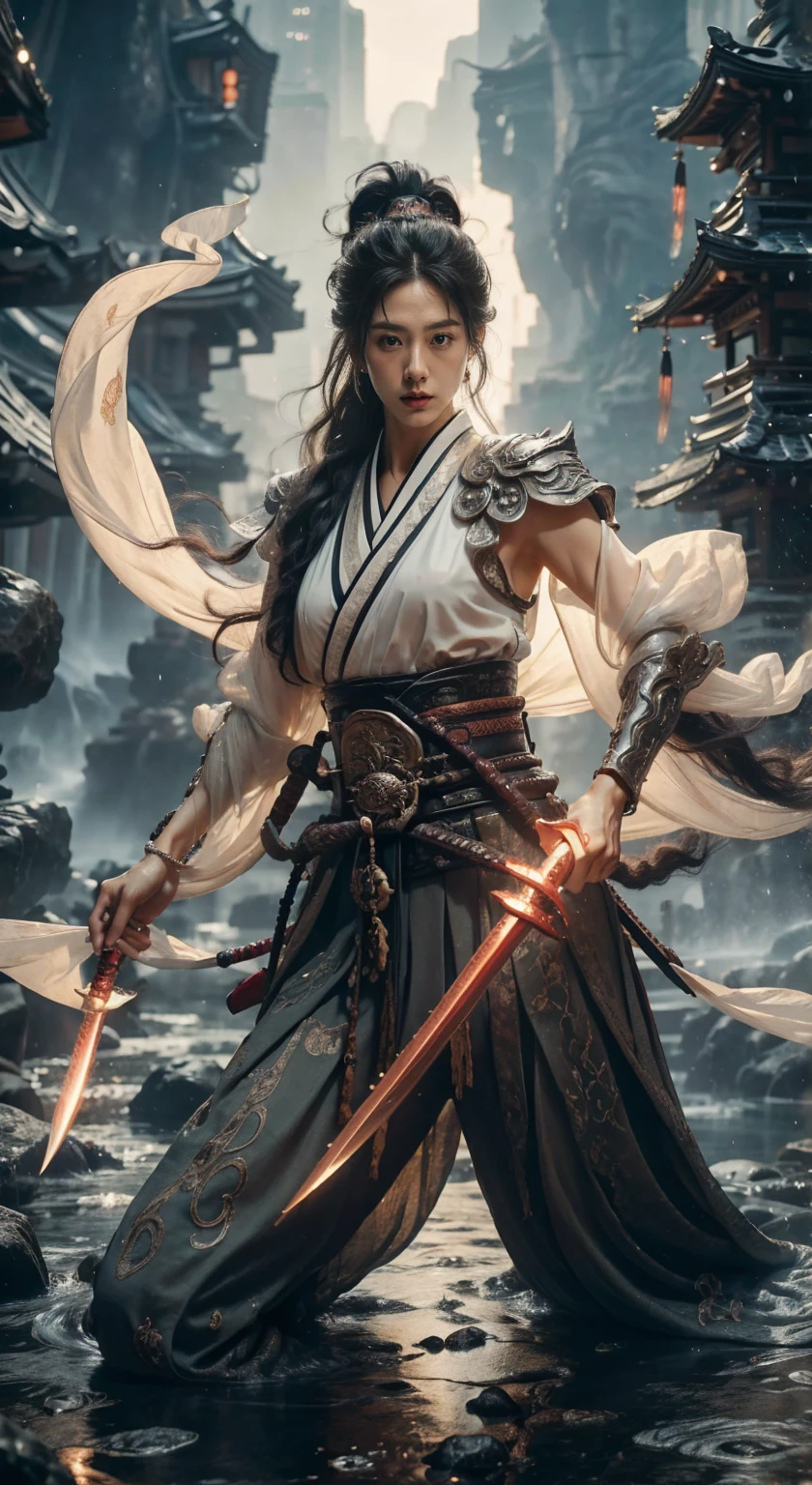 1girl,most beautiful, Sweet, elegant ,full body ,large breasts ,The background is rainy day,cityscape,1 girl, beautiful supermodel, beautiful face, beautiful eyes, Female Samurai, Holding a Japanese Sword, shining bracelet, beautiful hanfu (red, transparent),cape, solo, {beautiful and detailed eyes}, calm expression, natural and soft light, delicate facial features, very small earringodel pose)), Glamor body type, (Black neon hair:1.2), beehive, long ponytail, very_long_hair, hair past hip, curly hair, flim grain, realhands, masterpiece, Best Quality, photorealistic, ultra-detailed, finely detailed, high resolution, perfect dynamic composition, beautiful detailed eyes, eye smile, ((nervous and embarrassed)), sharp-focus, full_body, sexy pose, cowboy_shot, Samurai girl, glowing forehead, lighting, Japanese Samurai Sword (Katana)