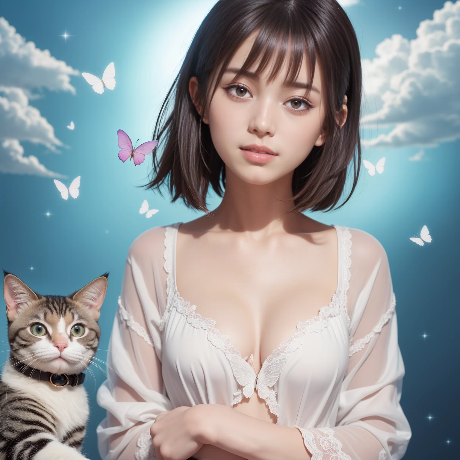 write、Face Close-up、Face Zoom、Super masterpiece、vivd colour、colourfull、One woman's face and a laughing cat next to it、((Cute cat in clothes)),Anthropomorphic representation, Rich colors, exquisitedetailasutepiece,Best Quality:1.5), (Butterfly exquisite CG), (High resolution:1.5)、（round and large eyes）（Smile with the corners of your mouth raised、Open your mouth a little、lipgloss）、（short silver hair、fluffy hair）、（the background is the universe、shine）、