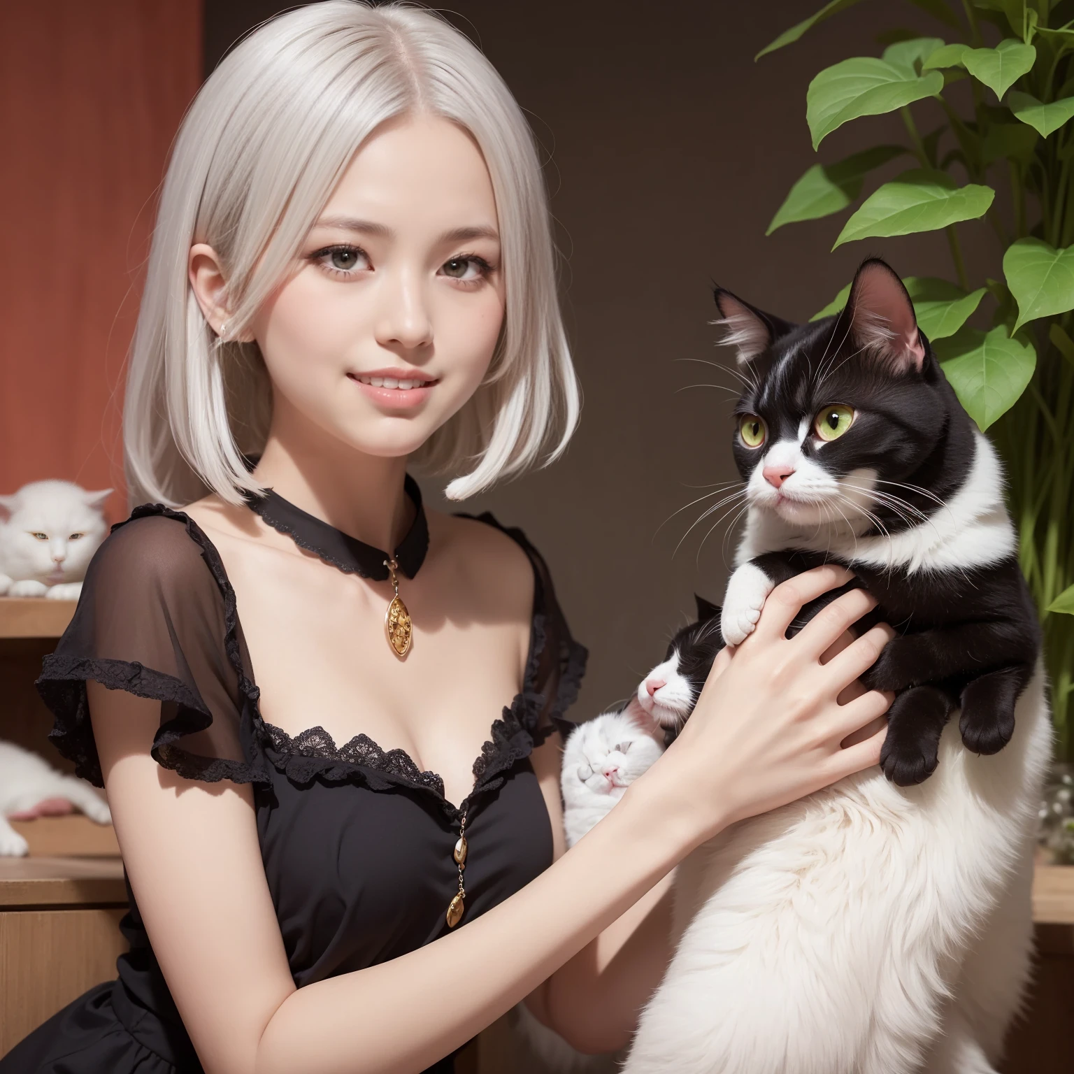 write、Face Close-up、Face Zoom、Super masterpiece、vivd colour、colourfull、One woman's face and a laughing cat next to it、((Cute cat in clothes)),Anthropomorphic representation, Rich colors, exquisitedetailasutepiece,Best Quality:1.5), (Butterfly exquisite CG), (High resolution:1.5)、（round and large eyes）（Smile with the corners of your mouth raised、Open your mouth a little、lipgloss）、（short silver hair、fluffy hair）、（the background is the universe、shine）、