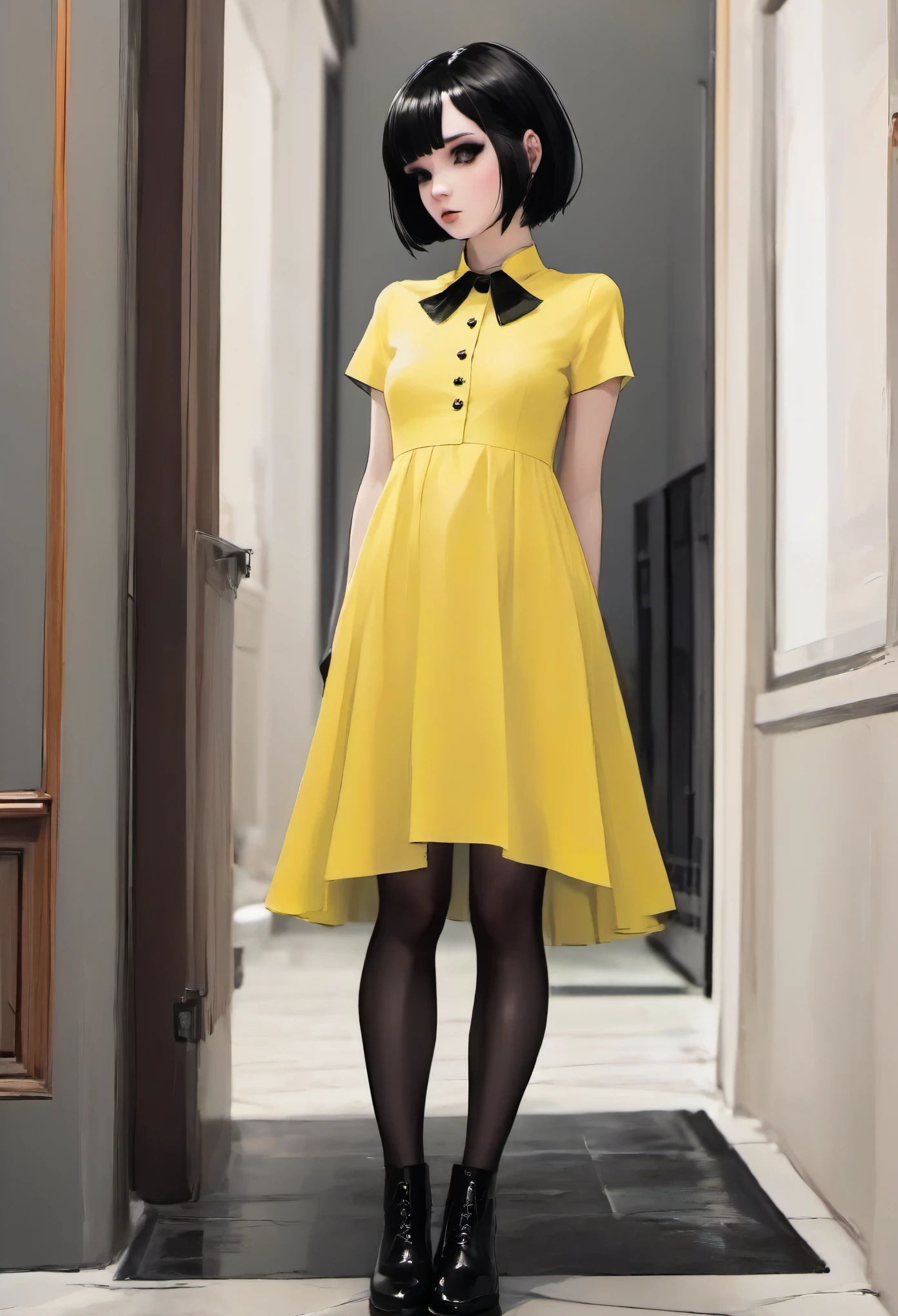  goth girl yellow dress short black hair looking at her feet