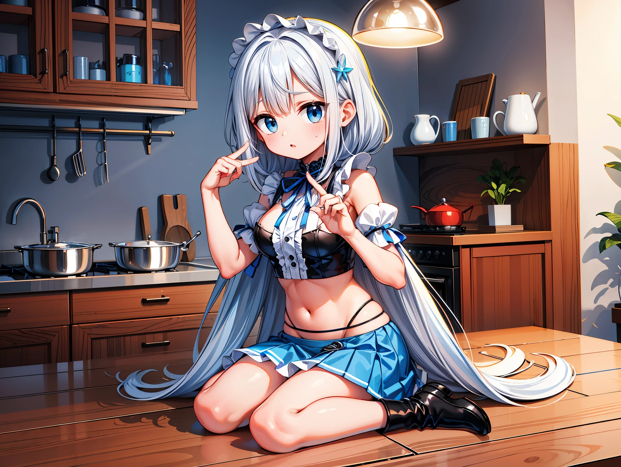 Uma mulher linda, cabelo branco com destaques blue, (((Full body))), Maquiagem Egirl, ((Cabelos brancos com destaques azuis)), hair accessories, cabelo curto, rosto fofo, rosto detalhado, olhos azul, (((micro skirt))), (((Full Body, perfect hand, perfect face))), (((cozinha, cozinhando, mulher cortando vegetais))), cyberpunk, sitting, White hair, roupa linda, (((kitche)))), animal ears, perfect face