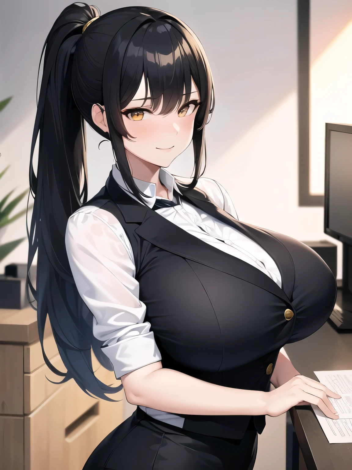 highres,high quality, absurdres,solo,1girl,huge breast,thick thighs,smirk, looking at viewer,,standing,upper body, close up,black hair,gold eyes,indoor,mature female,office lady,stocking,ponytail, business suit,