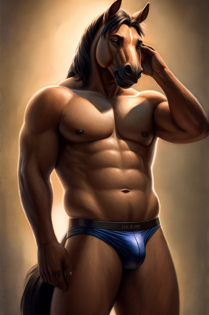 a furry male anthro Horse standing with his hands behind his back. He is wearing underwear and is depicted in a simple background. The artwork should be in a front view perspective. The image should be of the best quality, with ultra-detailed features and a realistic, photorealistic style. The colors should be vivid and the lighting should create a professional and visually appealing effect. The inspiration for this artwork comes from artists such as chelodoy.