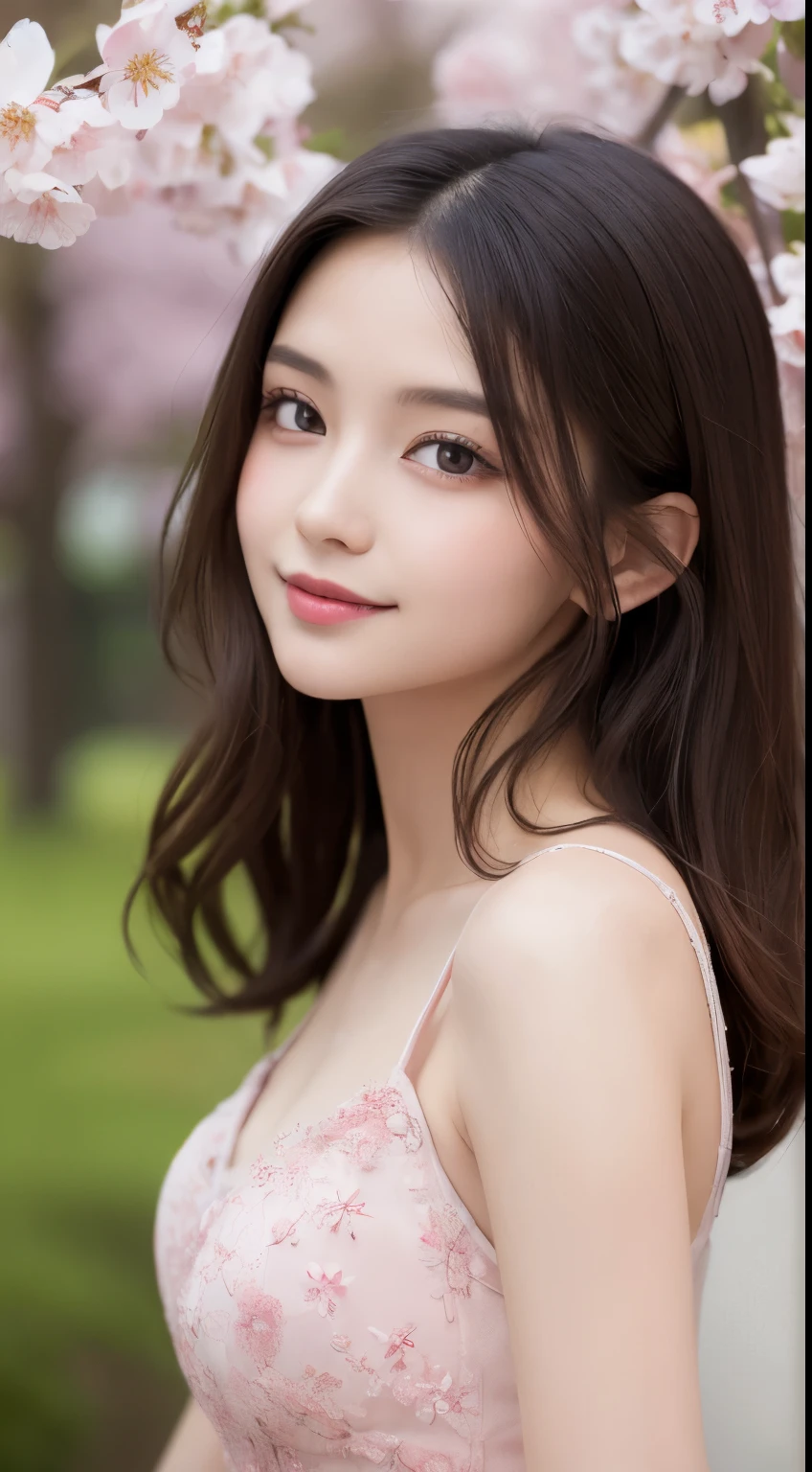 table top, highest quality, figure, Super detailed, finely, High resolution, 8k wallpaper, 完璧なダイナミックな構figure, detailed and beautiful eyes, pink dress,medium hair, natural color lip,gentle smile,big city、20 year old girl、midnight、beautiful and detailed face、perfect and beautiful face、slim face and style,Big eyes、small face、cherry blossoms