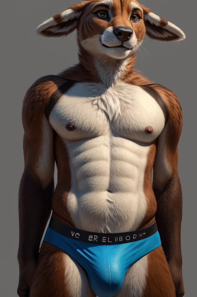 a furry male anthro Lhama standing with his hands behind his back. He is wearing underwear and is depicted in a simple background. The artwork should be in a front view perspective. The image should be of the best quality, with ultra-detailed features and a realistic, photorealistic style. The colors should be vivid and the lighting should create a professional and visually appealing effect. The inspiration for this artwork comes from artists such as chelodoy.