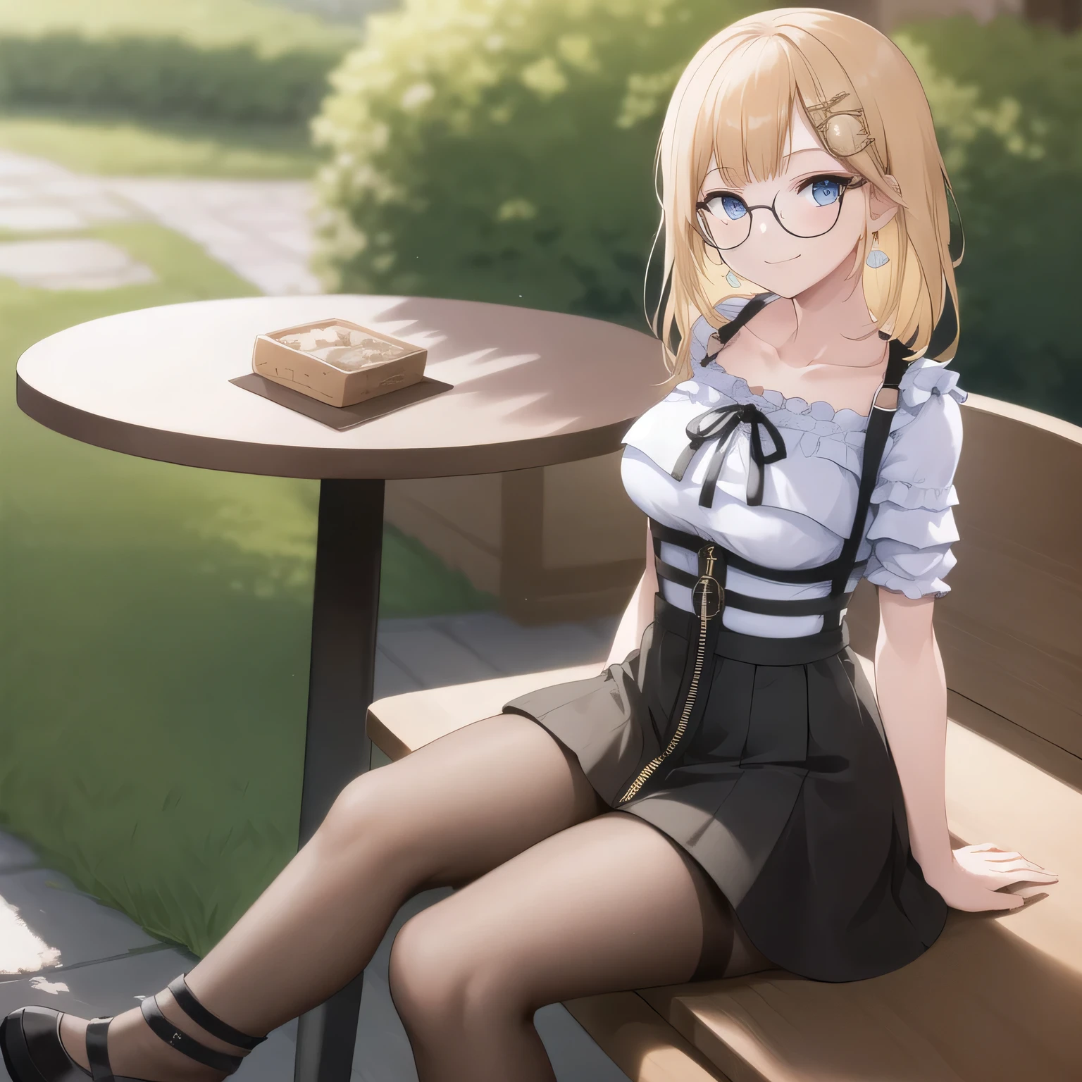 2d, masterpiece, best quality, anime, highly detailed face, highly detailed eyes, highly detailed background, perfect lighting, full body, 1girl, solo, amelia watson, outdoors, cafe, sitting, frilled shirt, collarbone, suspender skirt, zipper pull tab, black ribbon, heels, black, pantyhose, glasses, earrings, hair ornament, medium breasts, seductive smile, on chair, table, potted plant