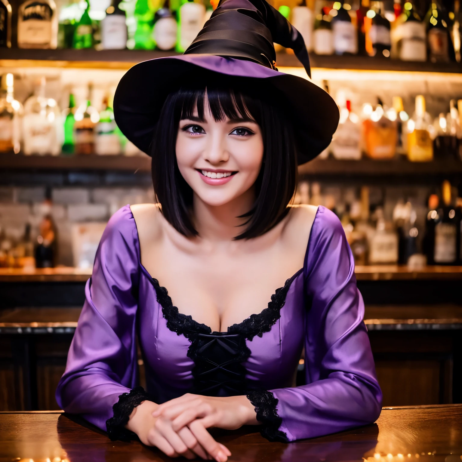 beautiful witch woman, with short black hair, purple eyes, big bust, Dressed in witch clothes, sitting in a bar and smiling, realistic, Full HD, highest quality