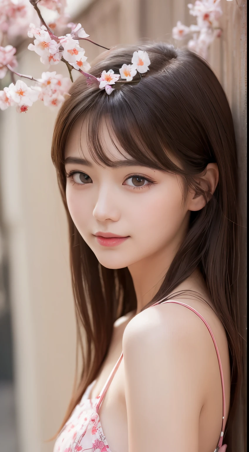 table top, highest quality, figure, Super detailed, finely, High resolution, 8k wallpaper, 完璧なダイナミックな構figure, detailed and beautiful eyes, pink dress,medium hair,  natural color lip,gentle smile,big city、20 year old girl、midnight、beautiful and detailed face、perfect and beautiful face、slim face and style,Big eyes、small face、cherry blossoms