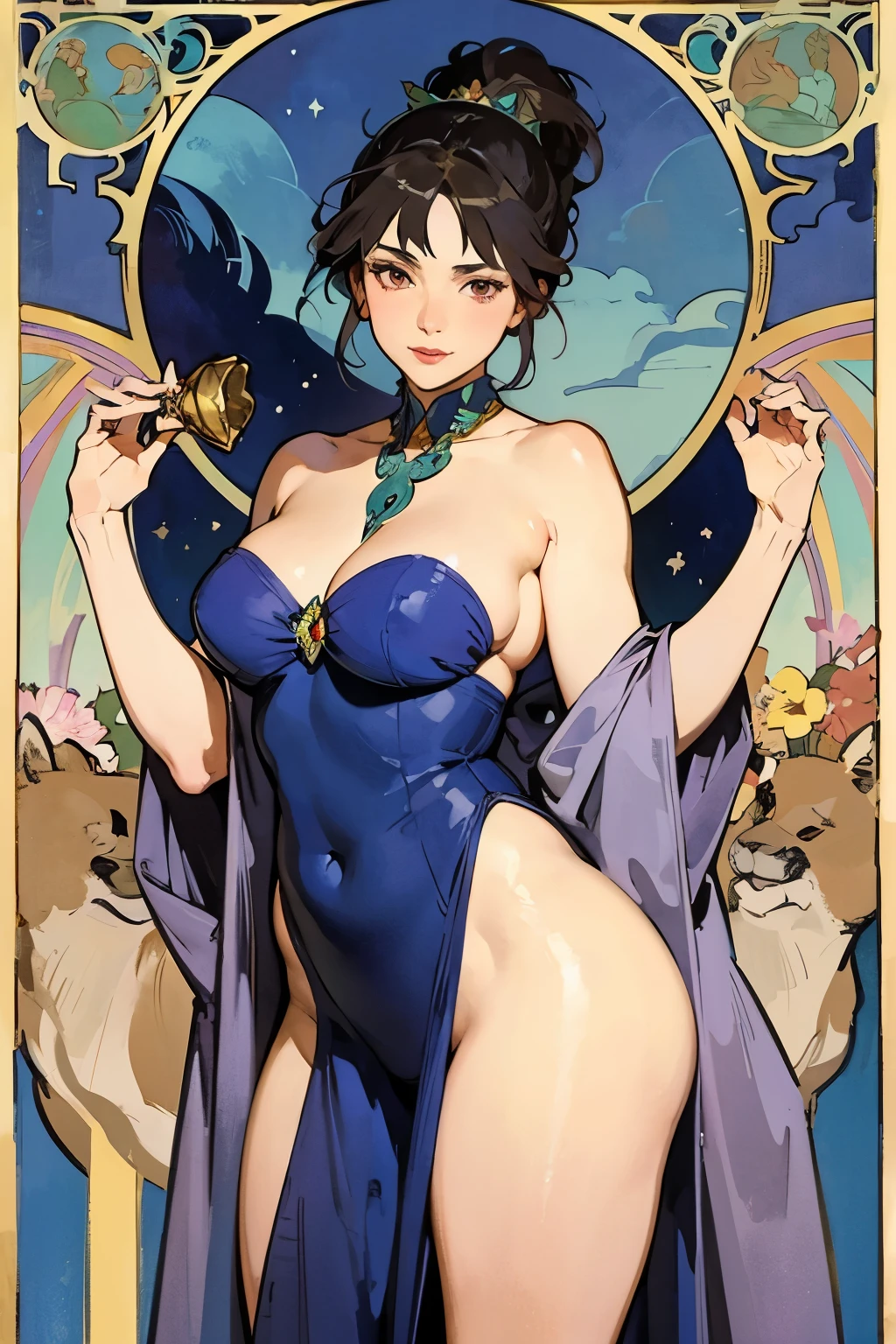 ((masterpiece)), (best quality), (Work), Art Nouveau watercolor painting , moon goddess , big breasts，robe，thong，show your neck，bare shoulders，show navel，Camel toe exposed，big eyes, long, thick eyelashes, plump lips, dark red eyes, hair long and thick, high ponytail, chubby, flowery_background, Intricate designs and patterns in the style of Alphonse Mucha.from the butt
