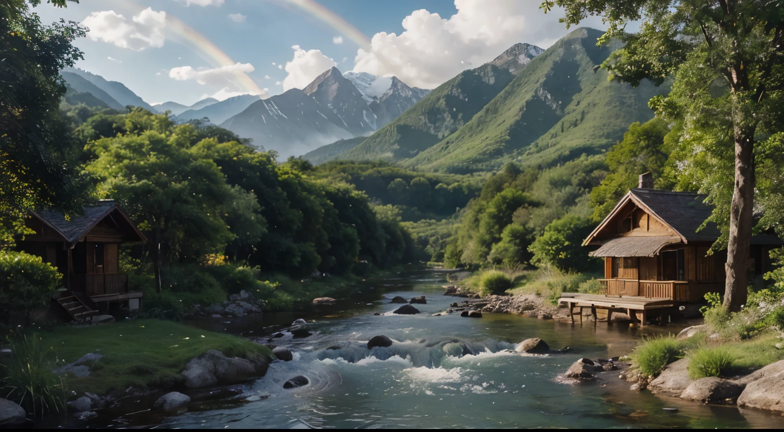 A breathtakingly realistic depiction of a serene natural landscape, showcasing towering mountains, meandering rivers, cozy huts nestled among lush greenery, and vibrant rainbows arching overhead. This exquisite painting captures every minute detail with stunning precision, from the play of light on the water to the intricate textures of the foliage. The colors are rich and vivid, creating a scene that seems almost tangible in its beauty and tranquility. Viewing this image feels like stepping into a picture-perfect world where nature's majesty is on full display.