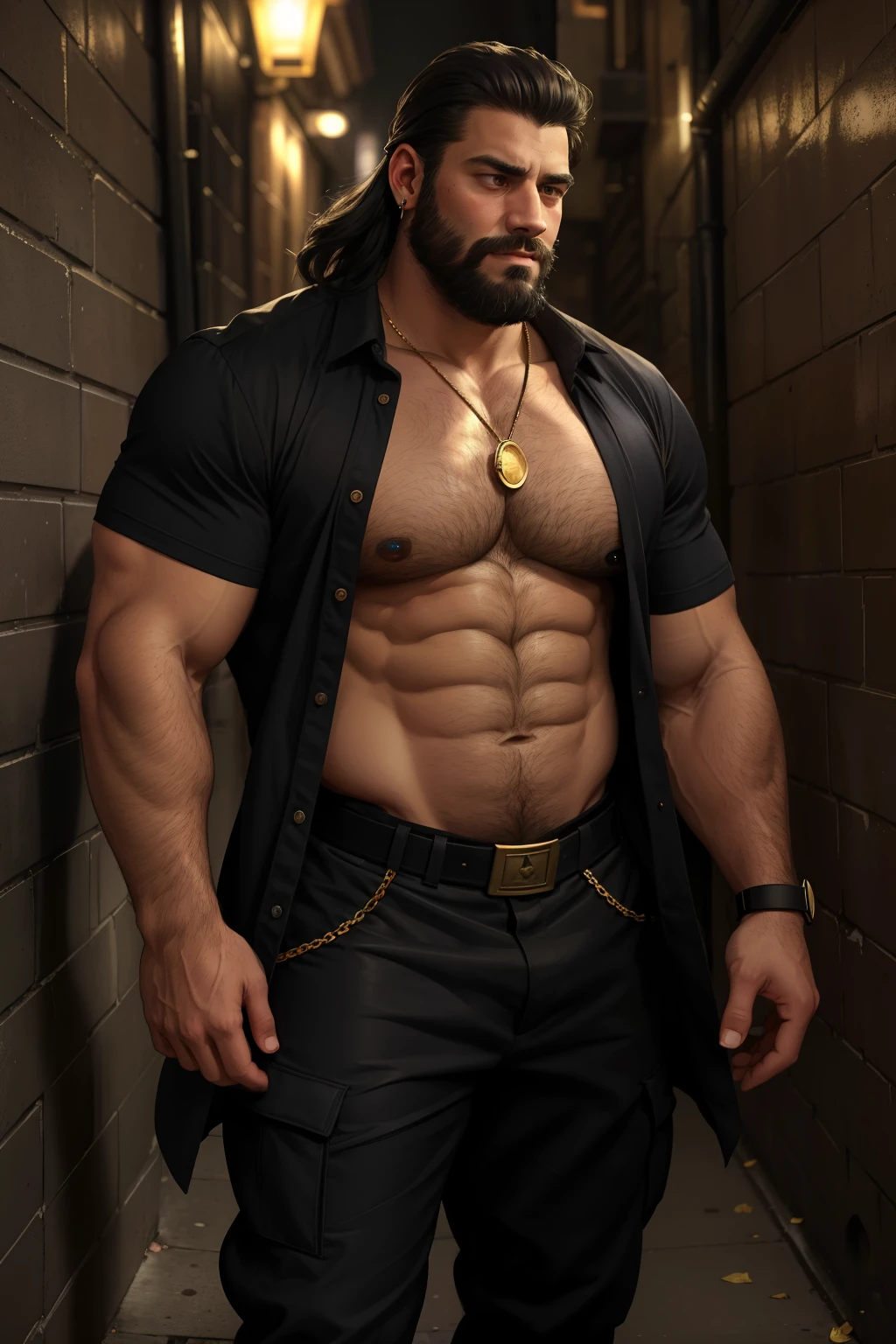 In the heart of a bustling city, a man with a realistic appearance stands still against the backdrop of a dimly lit alleyway. His age, around thirty-five, is etched onto his face with the lines of experience. A long beard covers his chest, while short, military-style hair frames his narrow, serious face. Black eyes, deep-set yet profound, gaze intently at the passing crowds. A gold pendant dangles from the earring in his left ear, glinting subtly in the dim light.
He wears a long, button-down shirt, unbuttoned at the top, revealing a slab of flesh that speaks of a life lived abundantly. The Fabric, homoerotic, hot, dadbody, daddy, sexy, beefy, hairy(stocky), bulky