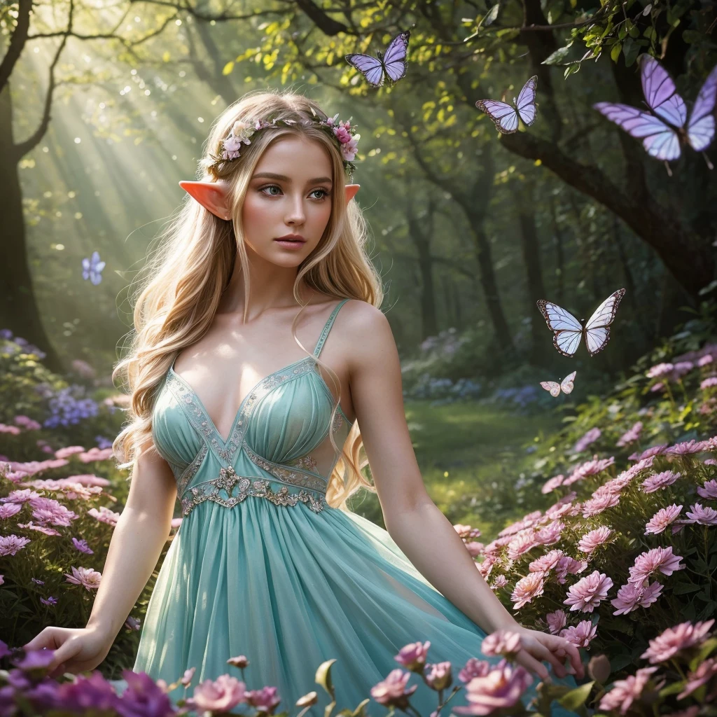 A female elf in a magical forest, enchanting eyes, delicate facial features, long and pointed ears, flowing and ethereal dress, graceful posture, surrounded by vibrant flowers and sparkling butterflies, surreal lighting and colors, dreamlike and whimsical atmosphere, photorealistic rendering, high-resolution masterpiece:1.2, mystical and enchanting portrait, fantasy style, soft and pastel color palette, gentle and warm lighting.