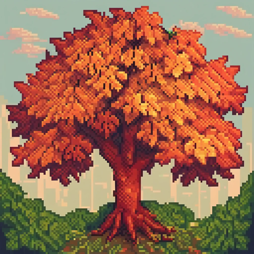 Pixel Art, pixel art maple tree, cubist painting, Neo-Cubism, layered overlapping geometry, art deco painting, Dribbble, geometric fauvism, layered geometric vector art, maximalism; V-Ray, Unreal Engine 5, angular oil painting, DeviantArt