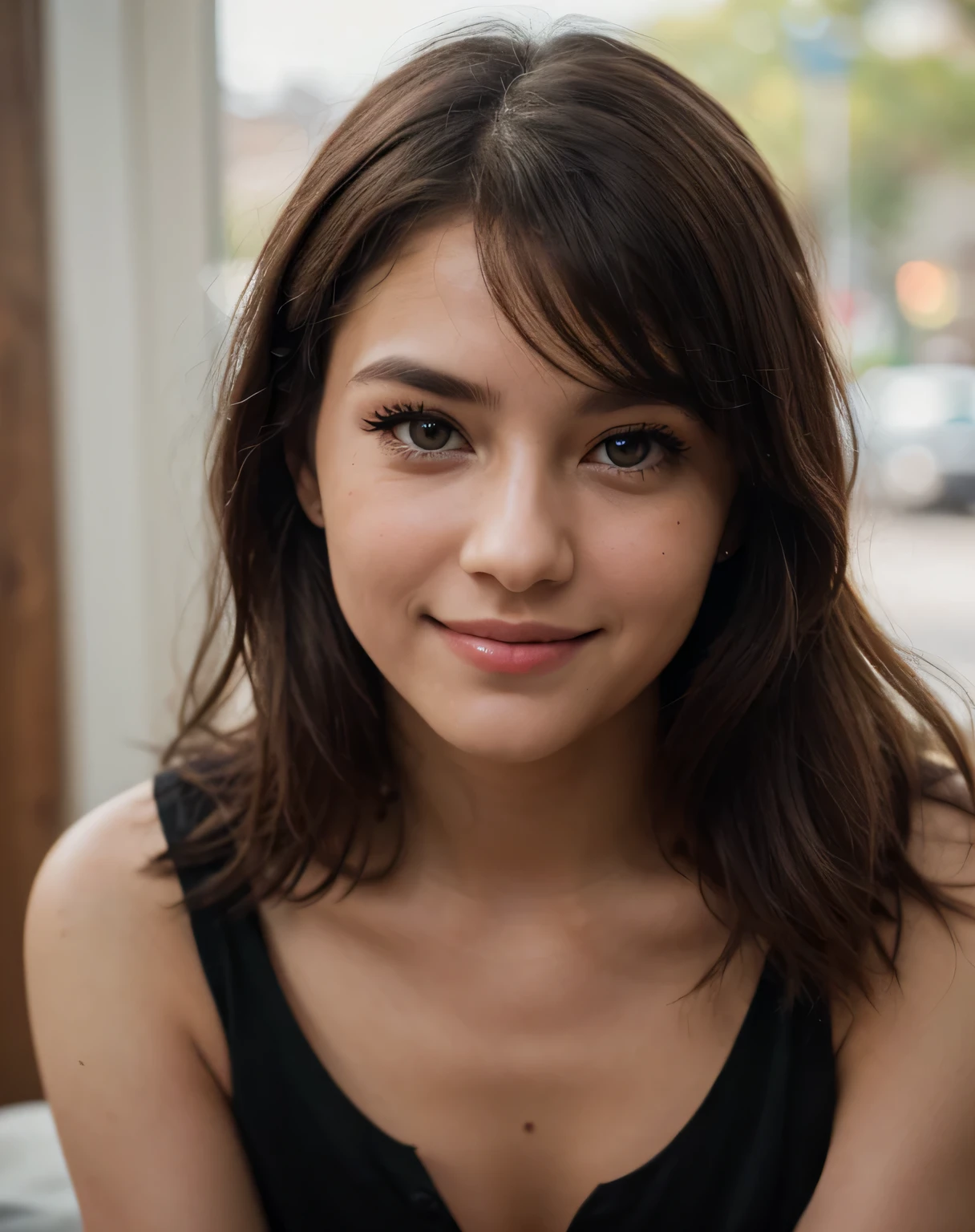 eye level photo photograph closeup close up body portrait of a Latina pale girl (brown long Layered Cut Haircut), (posing outside amidst an intricate Wuxi park road:1.1), crowded street with cafes in the distance, cold Yellow night, (rim light:1.1), (wearing Wool Chunky knit cardigan in Brown, and wearing Taupe Wool Wide-leg jumpsuit), thigh high socks, (flat chest), (arm under her breasts), (focus on the eyes), angelic, beautiful face, (naughty smile), camera flash, (hard shadows, dark theme, unlit, dim lighting), (Steve Pyke portrait photography), Soft pinks aesthetic