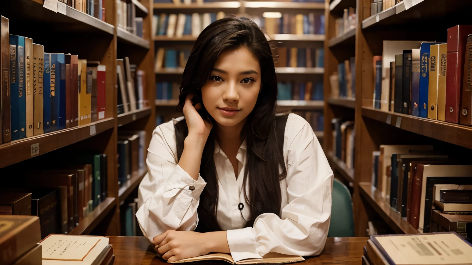 Arafed woman sitting at a table in a library with books - SeaArt AI
