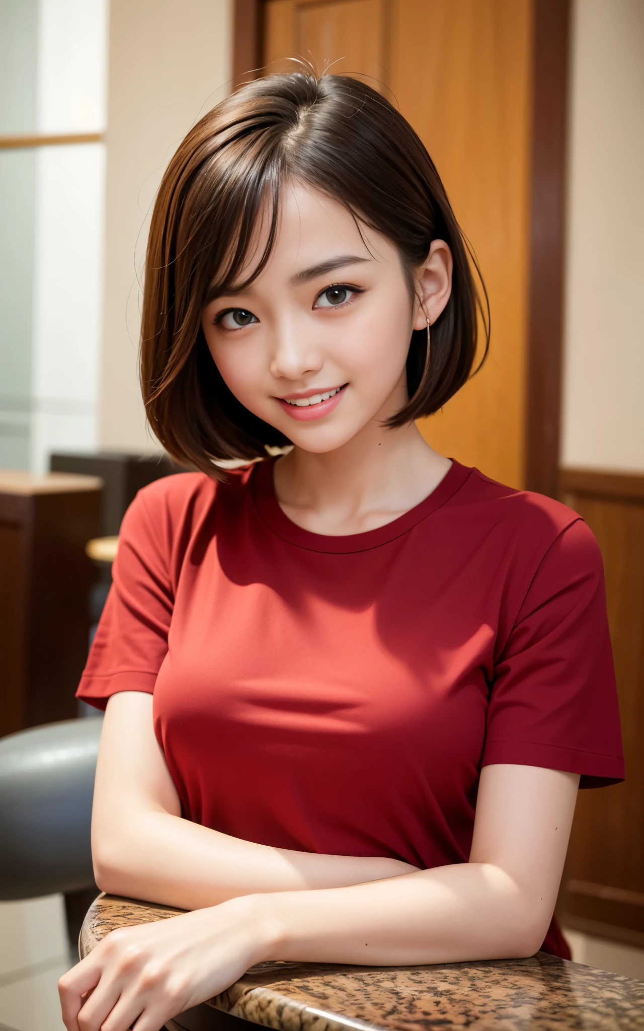 highest quality, figure, super detailed, finely, High resolution, 8k wallpaper, 完璧なダイナミックな構figure, beautiful skin, (big eyes), 20 year old beautiful girl, natural color lip, (sexy pose), mid chest, smile, Highly detailed face and skin texture, Detailed eyes, Double eyelid,leaking teeth and laughing, close-up,   medium brown hair, (red cutter shirt:1.2), beautiful hotel lobby