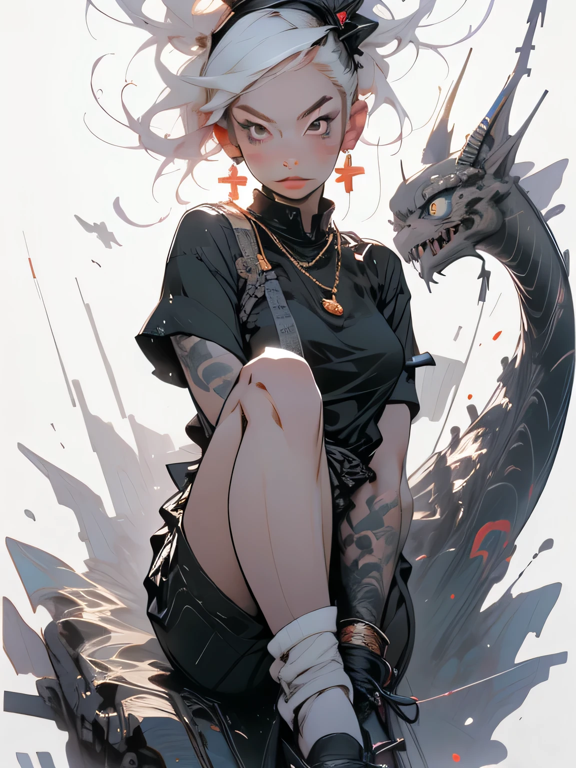 sword, weapon, 1girl, katana, gradient, gradient_background, sheath, sheathed, earrings, jewelry, scabbard, solo, ponytail, ear_piercing, black_hair, piercing, bandages, hand_on_hilt, Black Snake<lora:ocIllustration_v10:1>
