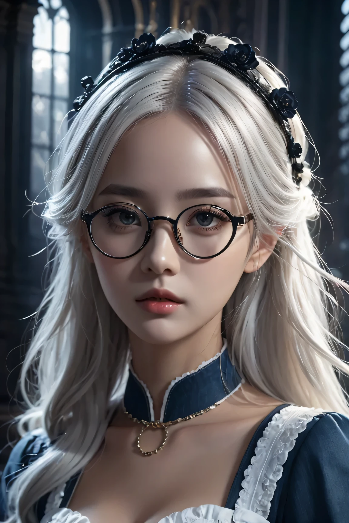 (in the darkness: 1.6),Surrealist female portrait, fantasy art, photorealism, dynamic lighting, art station, poster, Volumetric lighting, Very detailed faces, 4K, won,, 1 girl, in the darkness, deep shadow, low profile, Denim lens set: 1.4), long hair, white hair, broken into pieces, luxurious palace, royal style, (wear glasses),(hair accessories),