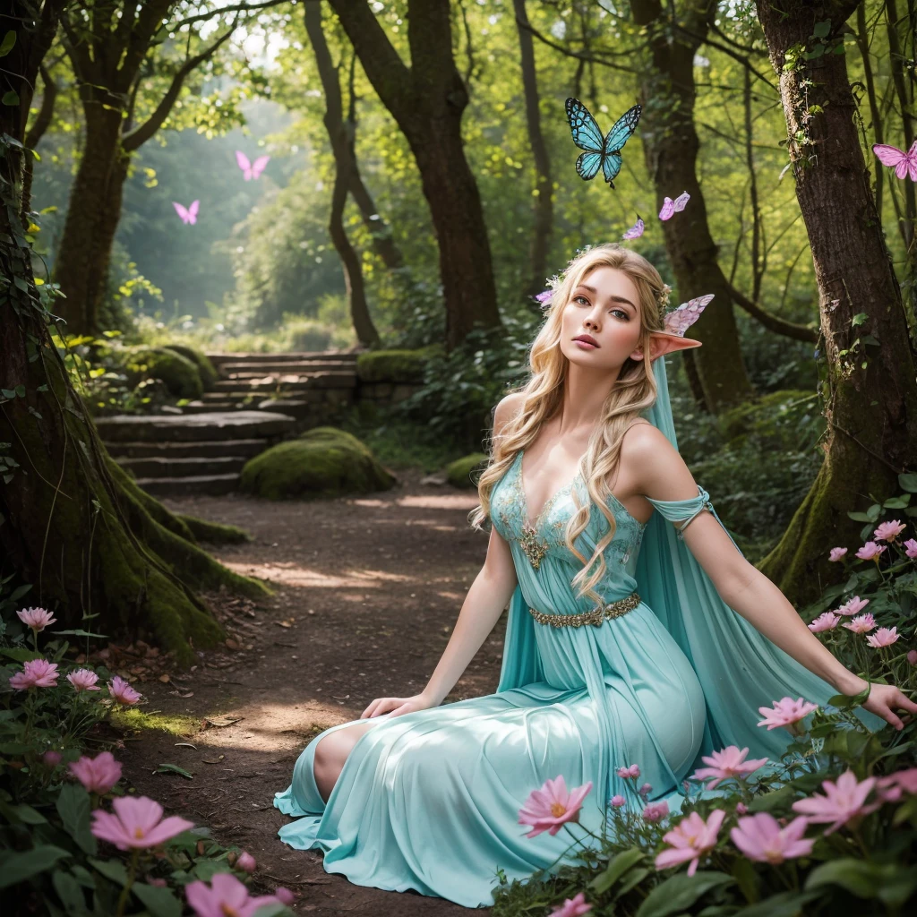 A female elf in a magical forest, enchanting eyes, delicate facial features, long and pointed ears, flowing and ethereal dress, graceful posture, surrounded by vibrant flowers and sparkling butterflies, surreal lighting and colors, dreamlike and whimsical atmosphere, photorealistic rendering, high-resolution masterpiece:1.2, mystical and enchanting portrait, fantasy style, soft and pastel color palette, gentle and warm lighting.