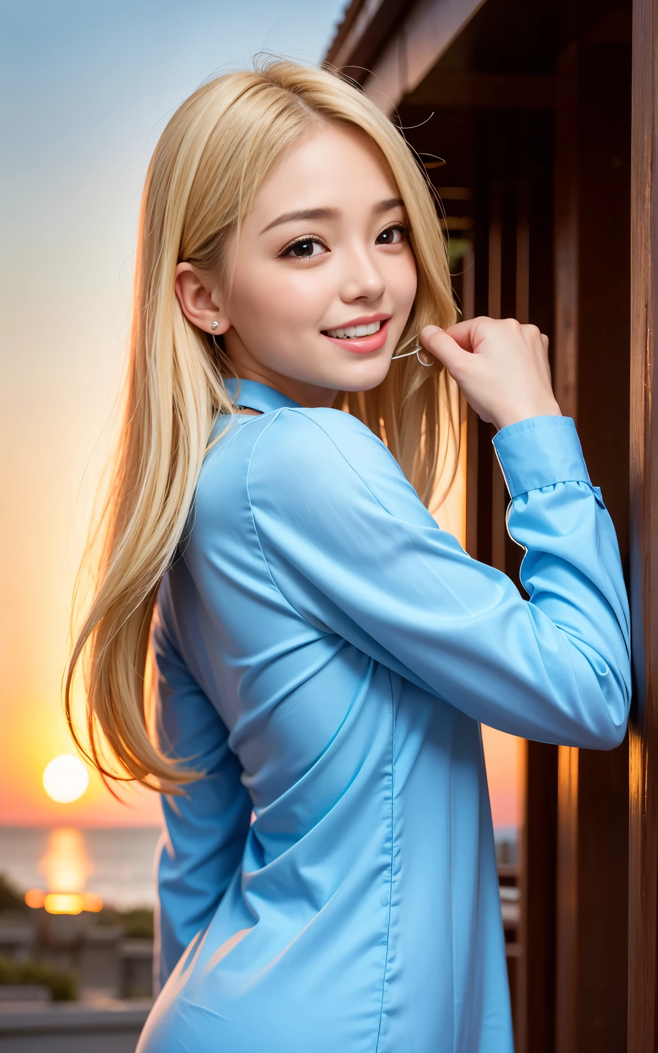 highest quality, figure, super detailed, finely, High resolution, 8k wallpaper, 完璧なダイナミックな構figure, beautiful skin, (big eyes), 20 year old beautiful girl, natural color lip, (sexy pose), mid chest, smile, Highly detailed face and skin texture, Detailed eyes, Double eyelid,leaking teeth and laughing, close-up, from behind, long blonde hair, (blue blouse:1.2), sunset