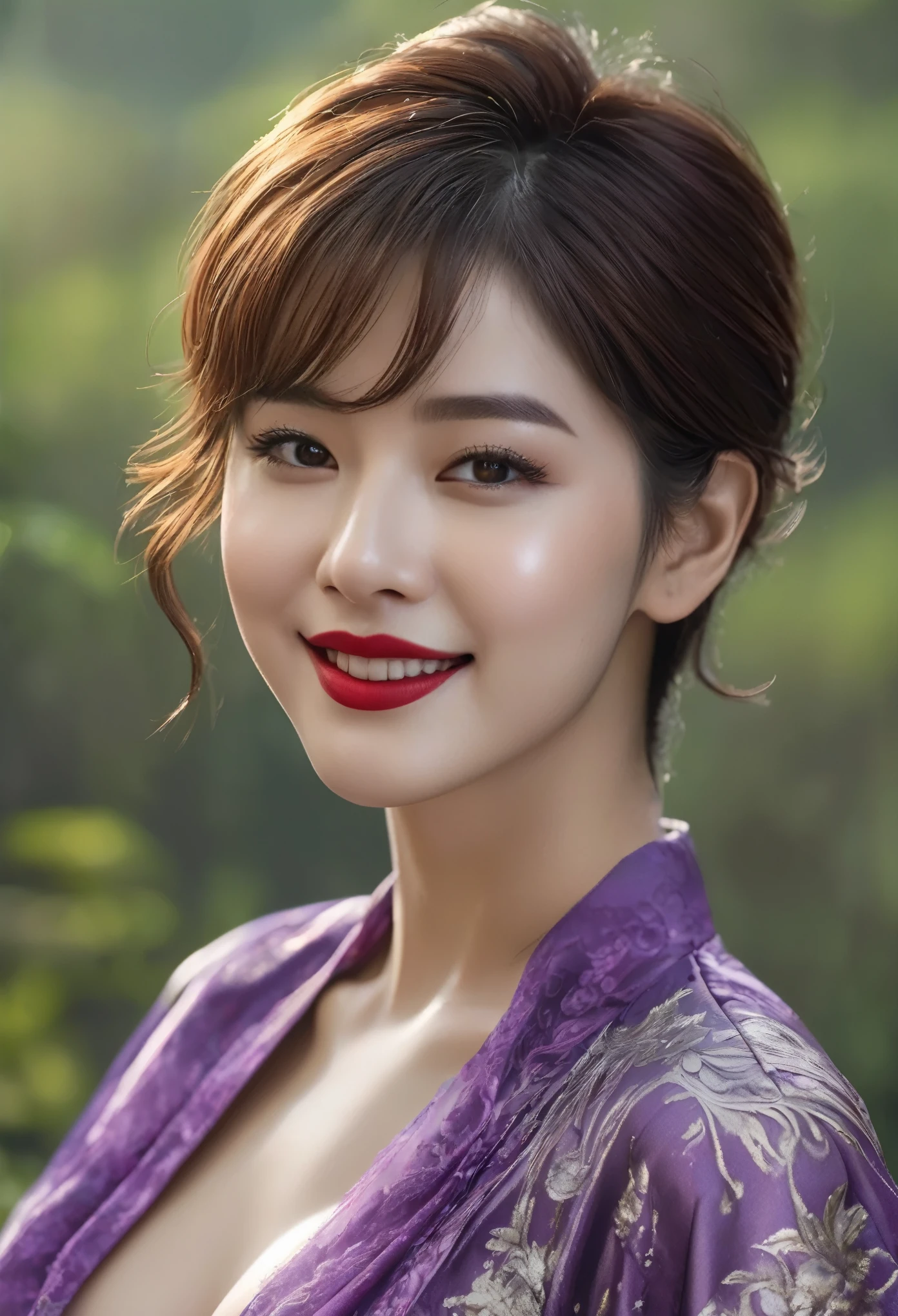 (A hyper-realistic), (hight resolution), (8K), (ighly detailed), (The best illustrations), (Beautiful detailed eyeoist and glowing eyes), (top-quality), (ultra-detailliert), (​masterpiece), (wall-paper), (Detailed face), (beautiful smiling face)、(Beautiful expression)、solo、Standing figure、(((Hands behind the body))),(((cowboy shot)))、(((((Tiny purple bra)))))、(((((Tiny purple panties)))))、(())、(((G Cup Big!!!)))、((huge-breasted))、(((Huge chest on the verge of bursting!!!)))、Cleavage of, chubby figure、gravure model、Anguished poses、Sexy look seducing a man、(R-18), Looking at the camera、Short-cut hairstyles、lightbrown hair、heavy make up、((Glamorous body))、(Bright red lipstick)